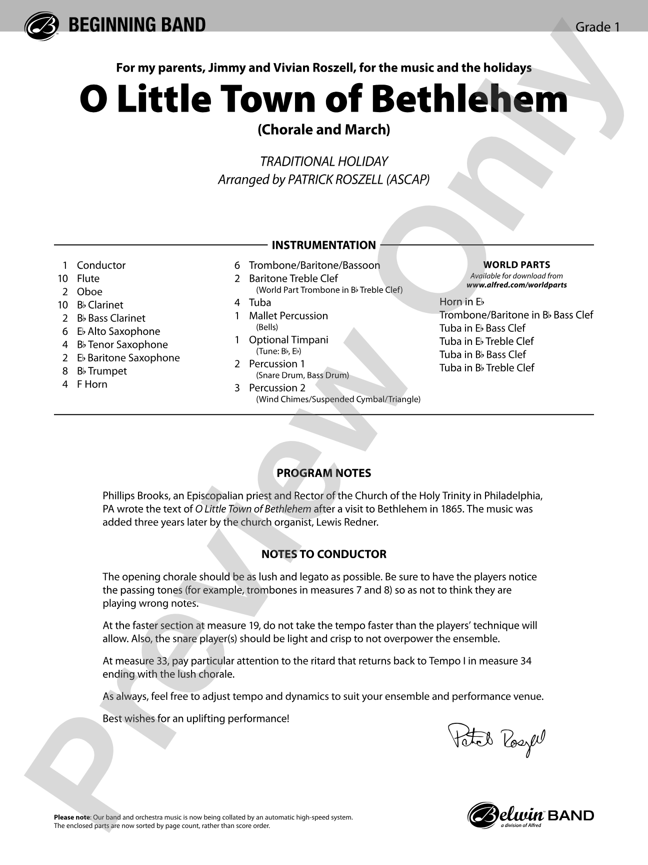 O Little Town of Bethlehem: Concert Band Conductor Score & Parts