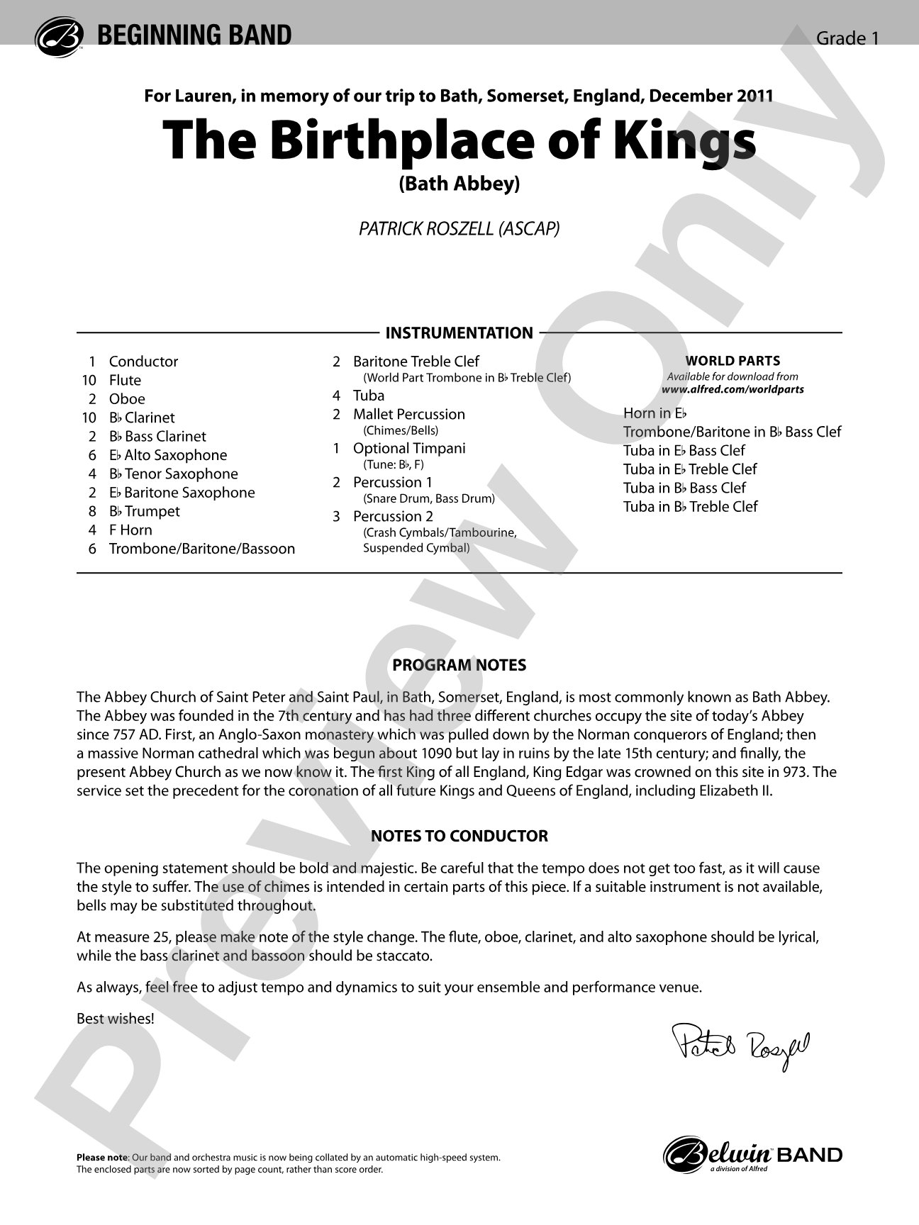 The Birthplace of Kings: Concert Band Conductor Score & Parts