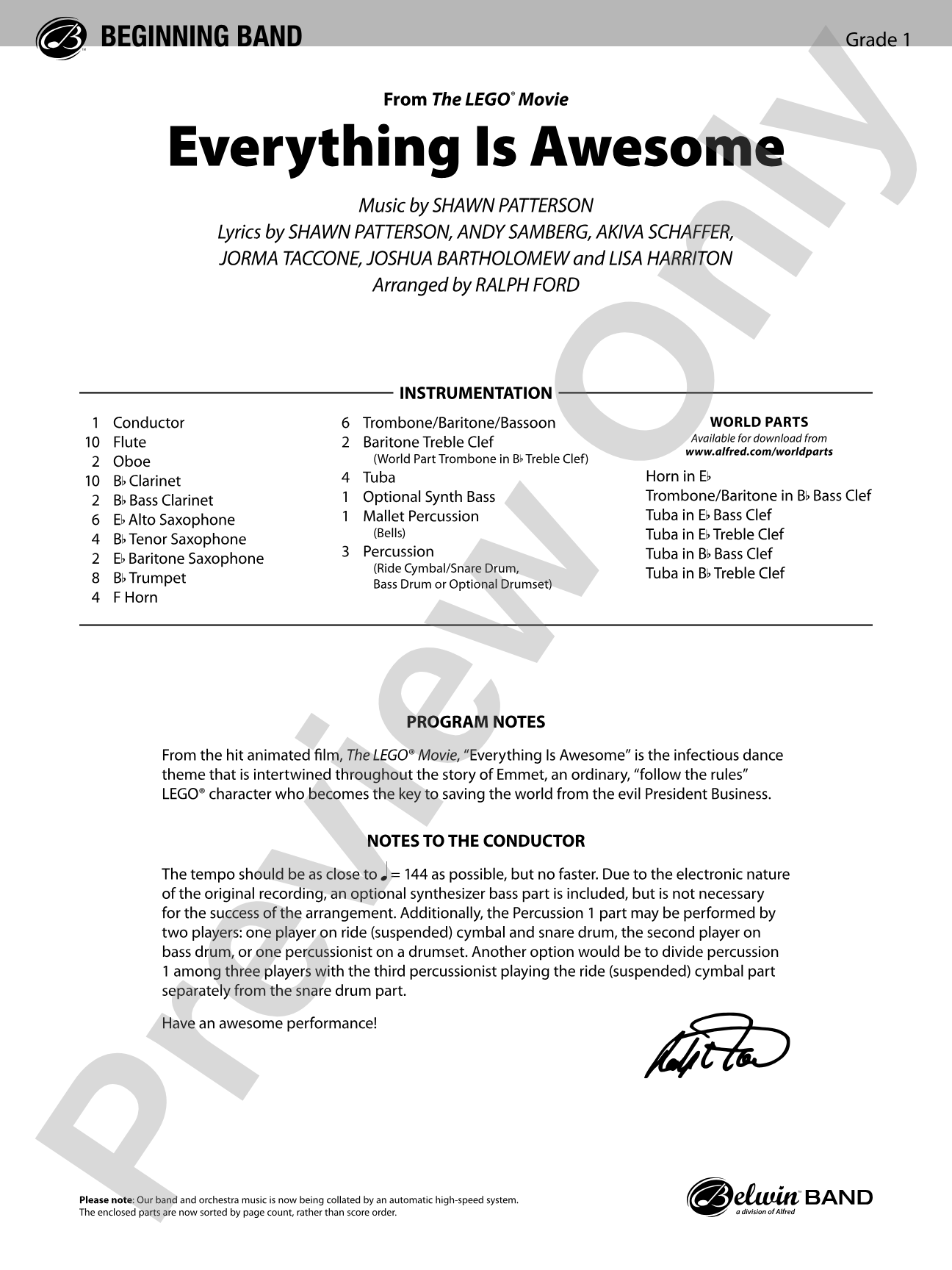 Everything Is Awesome (Awesome Remixxx!!!) (from The Lego® Movie): Concert Band Conductor Score & Parts