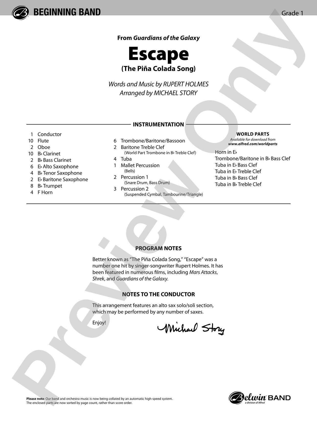 Escape (from Guardians of the Galaxy): Concert Band Conductor Score & Parts
