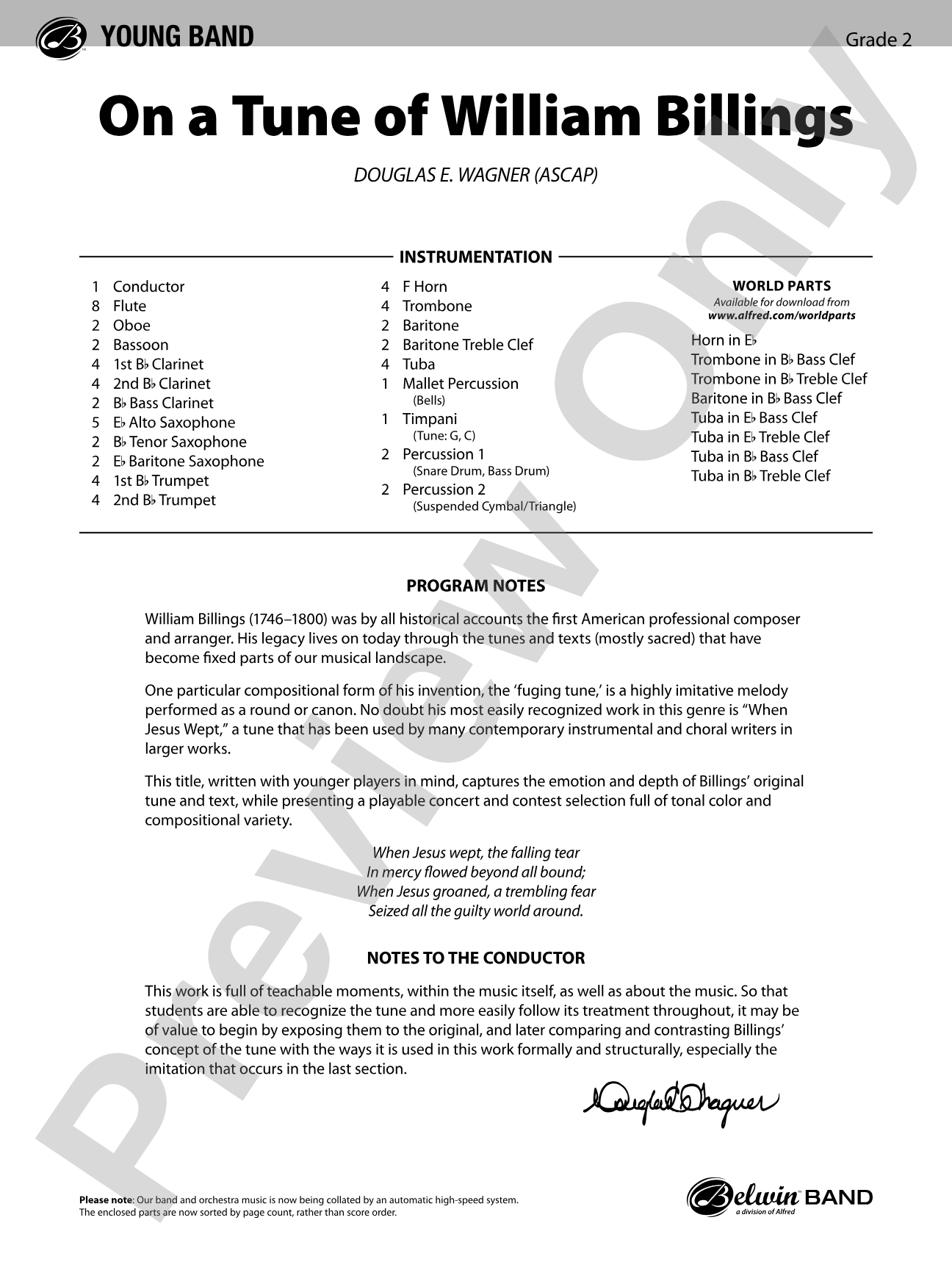 On a Tune of William Billings: Concert Band Conductor Score & Parts