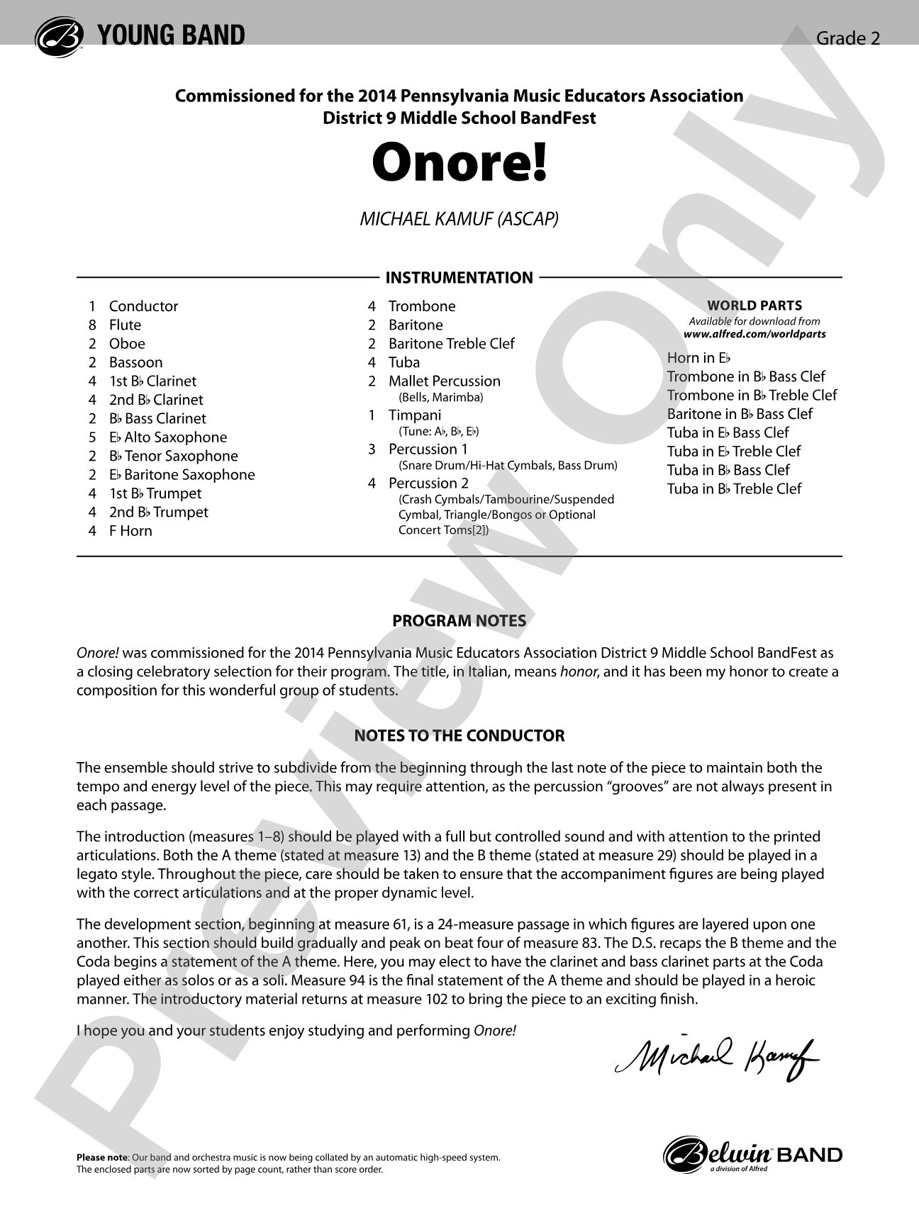 Onore!: Concert Band Conductor Score & Parts