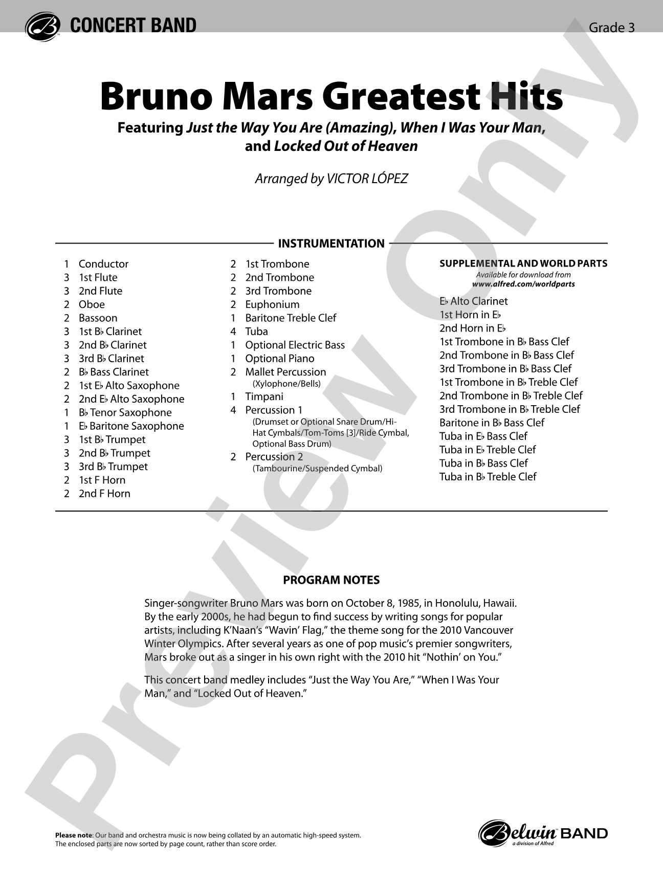 Bruno Mars Greatest Hits: Concert Band Conductor Score & Parts
