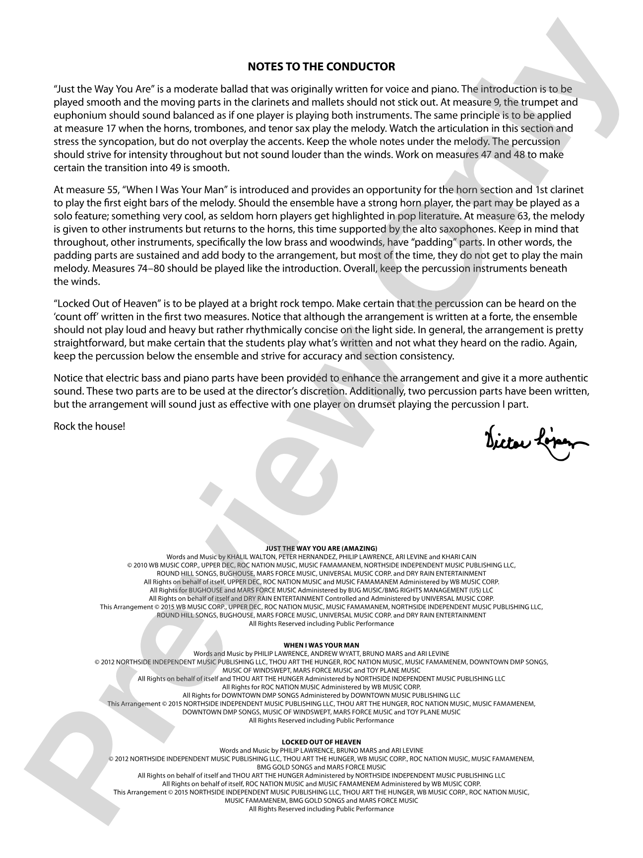 Bruno Mars Greatest Hits: Concert Band Conductor Score & Parts