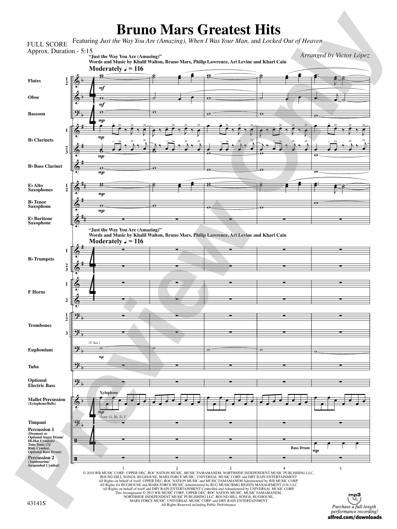 Bruno Mars Greatest Hits: Concert Band Conductor Score & Parts