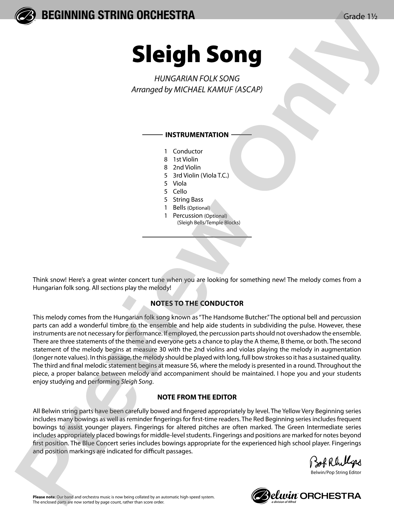 Sleigh Song: String Orchestra Conductor Score & Parts