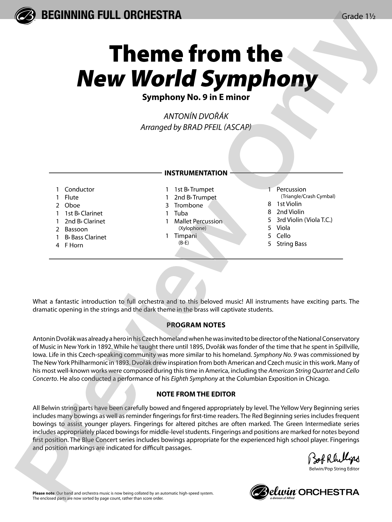 New World Symphony, Theme from the: Full Orchestra Conductor Score & Parts