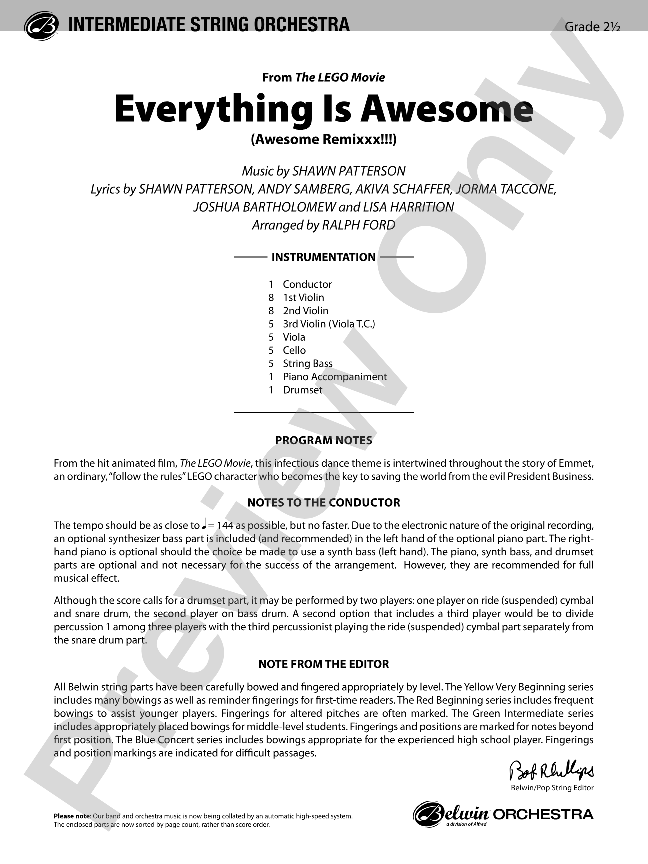 Everything Is Awesome (from The LEGO Movie): String Orchestra Conductor Score & Parts