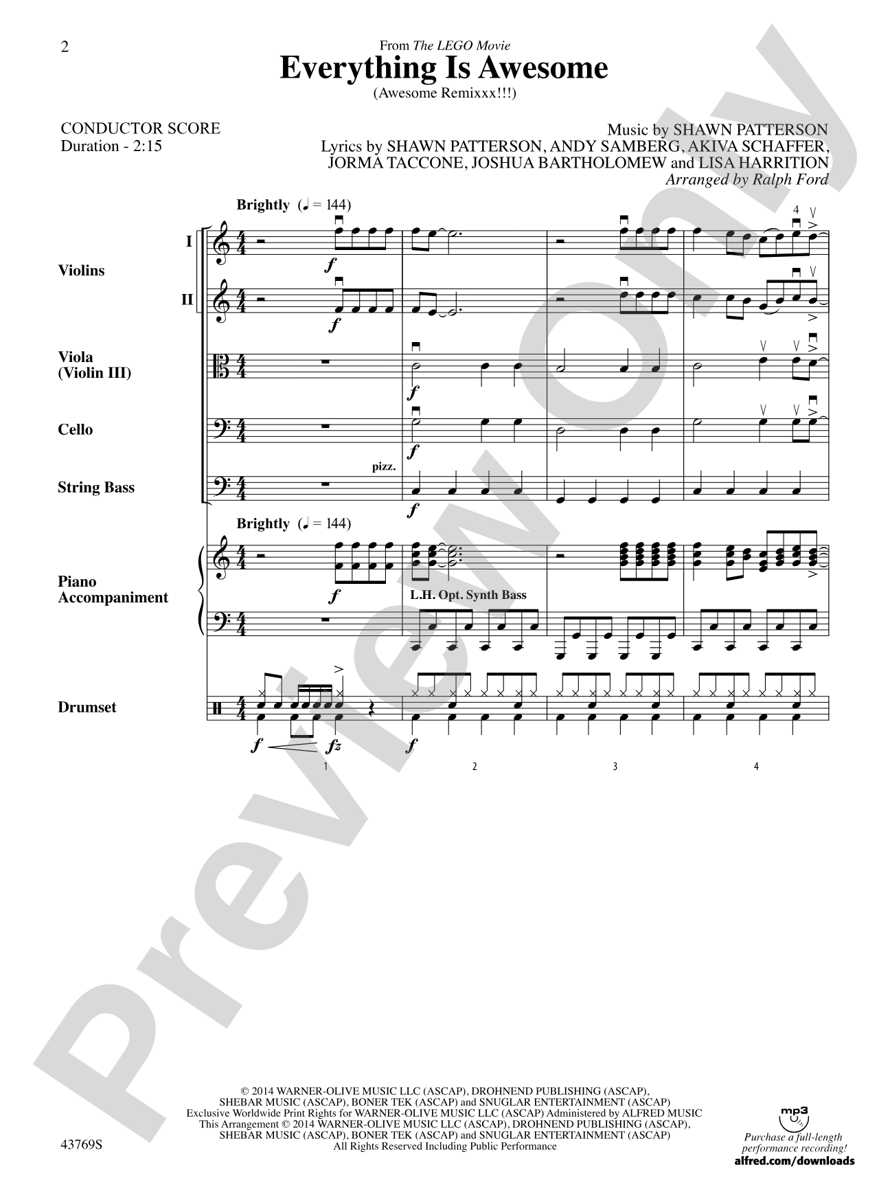 Everything Is Awesome (from The LEGO Movie): String Orchestra Conductor Score & Parts