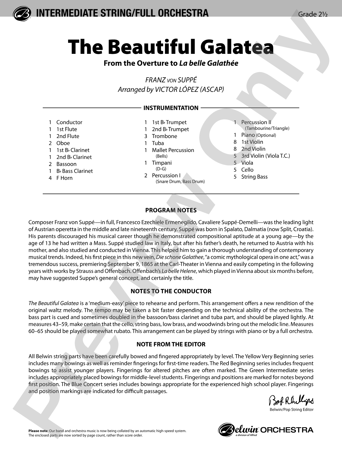 The Beautiful Galatea: Full Orchestra Conductor Score & Parts