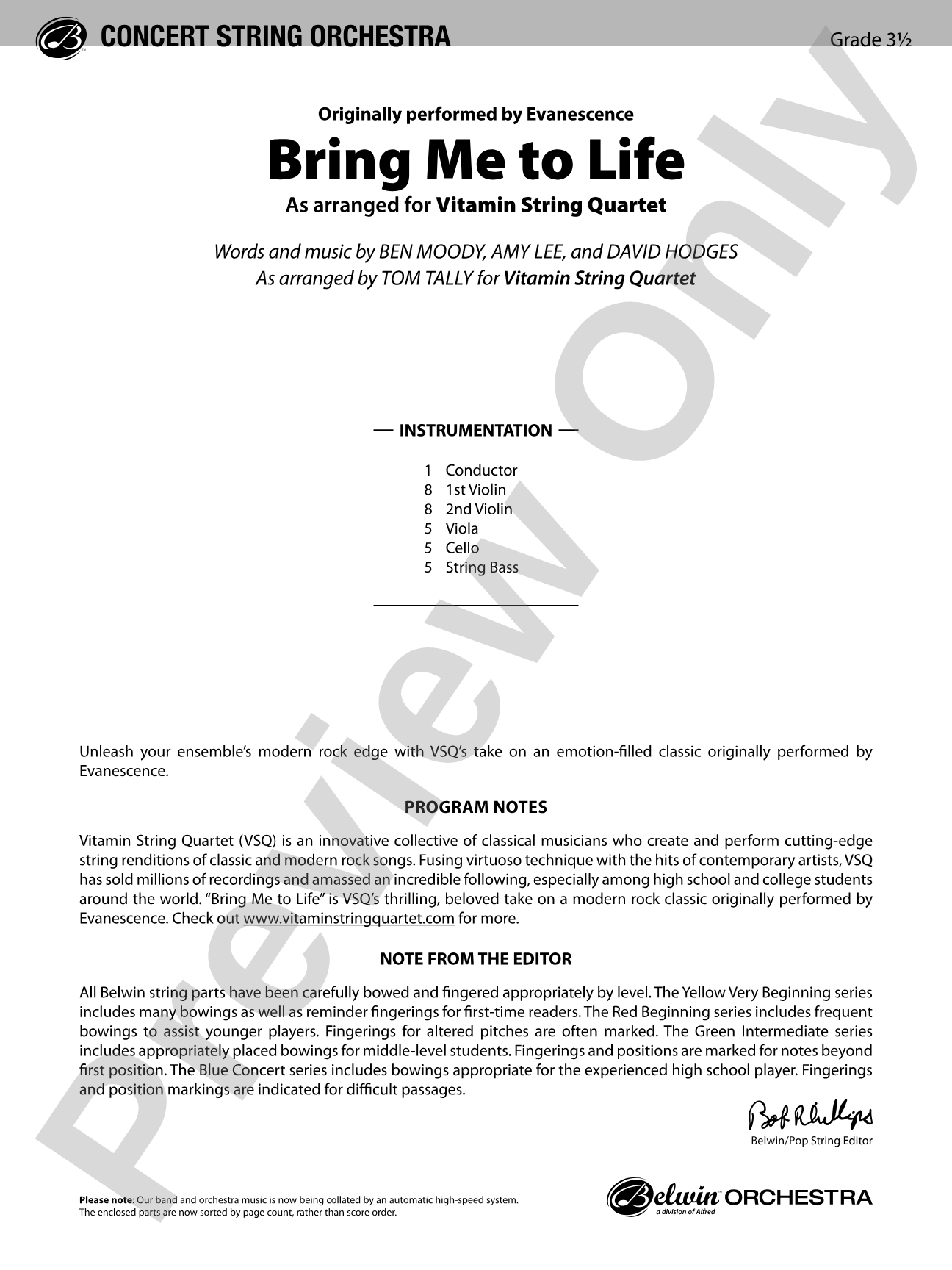 Bring Me to Life: String Orchestra Conductor Score & Parts