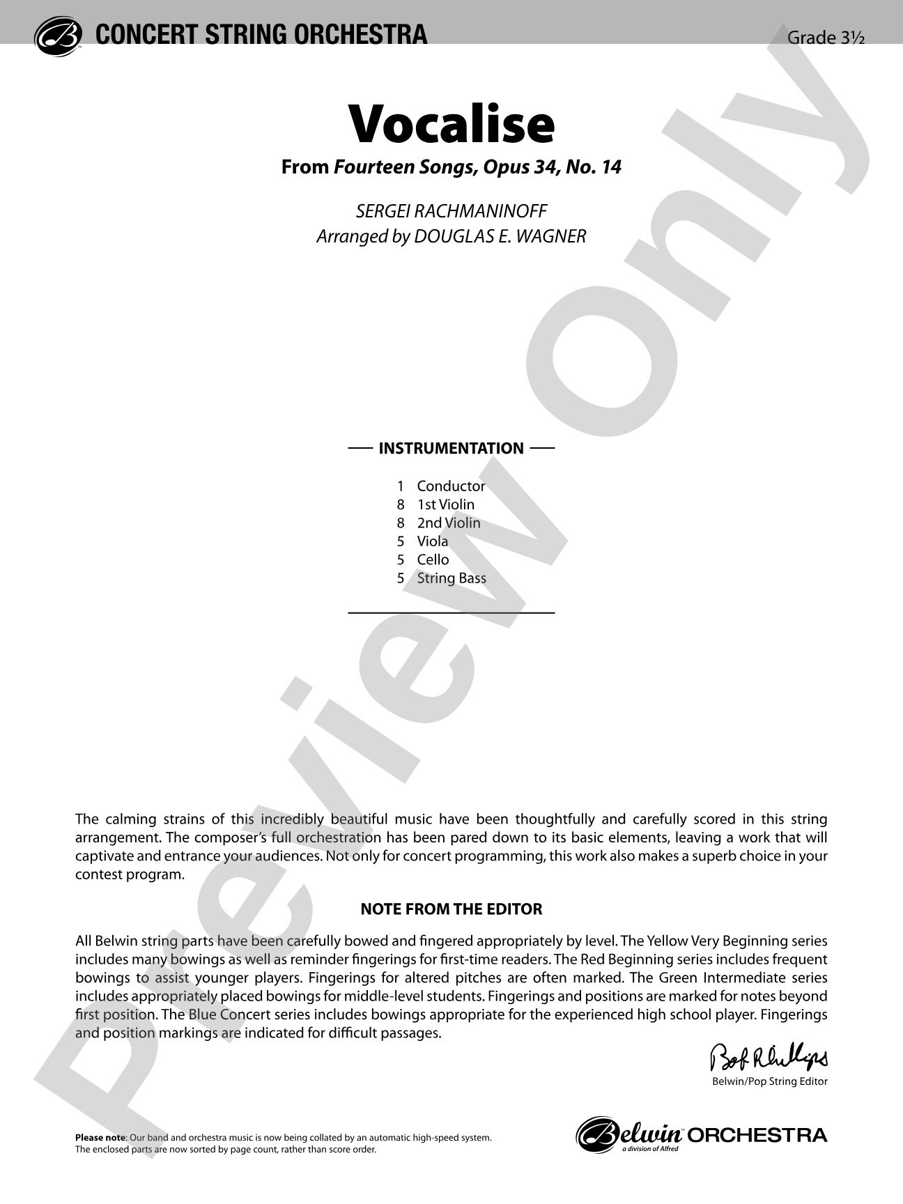 Vocalise: String Orchestra Conductor Score & Parts