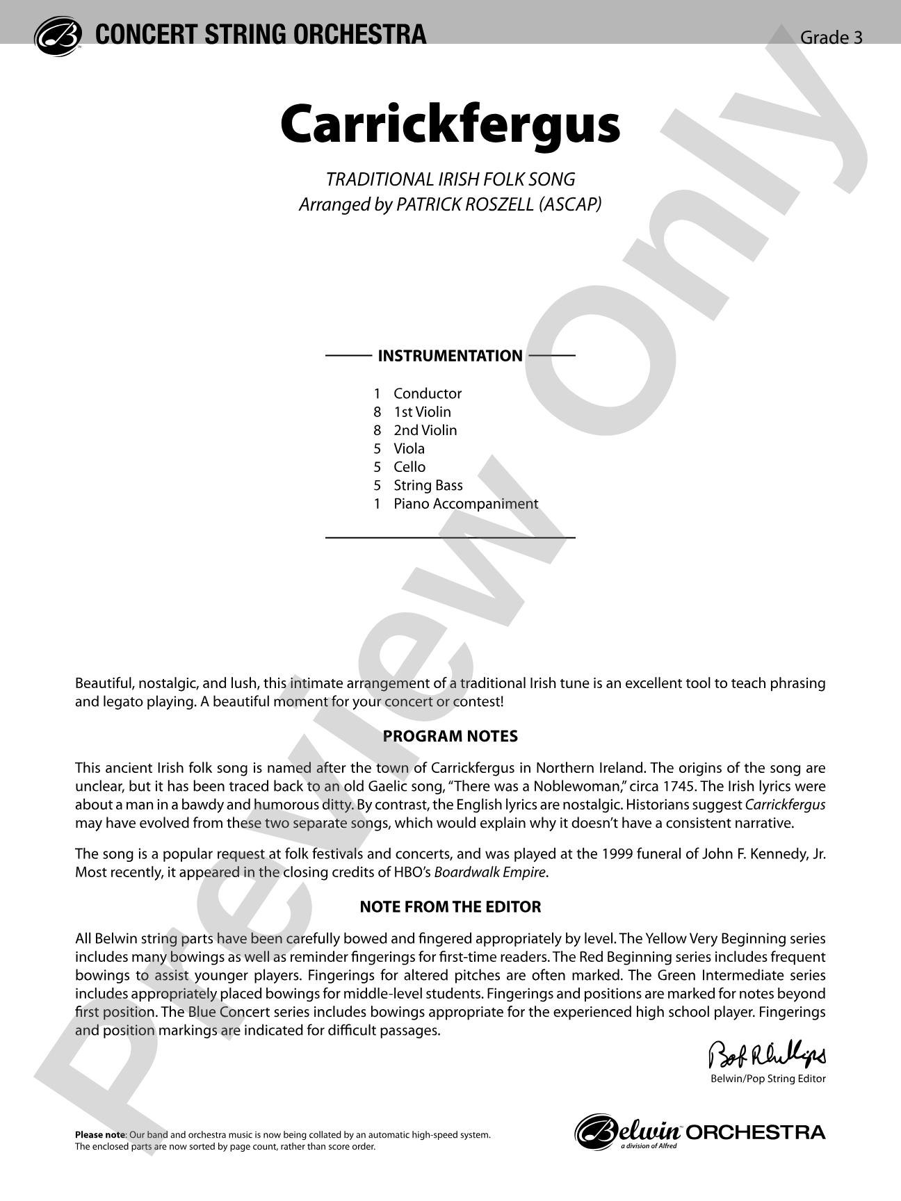 Carrickfergus: String Orchestra Conductor Score & Parts