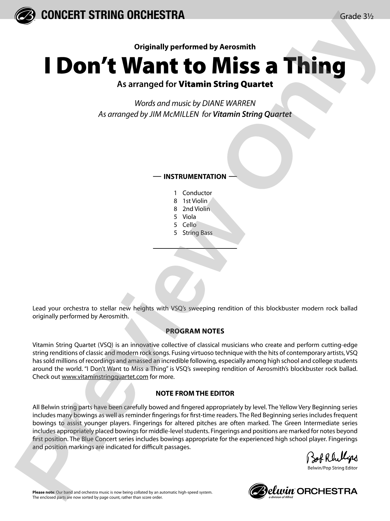 I Don't Want to Miss a Thing: String Orchestra Conductor Score & Parts