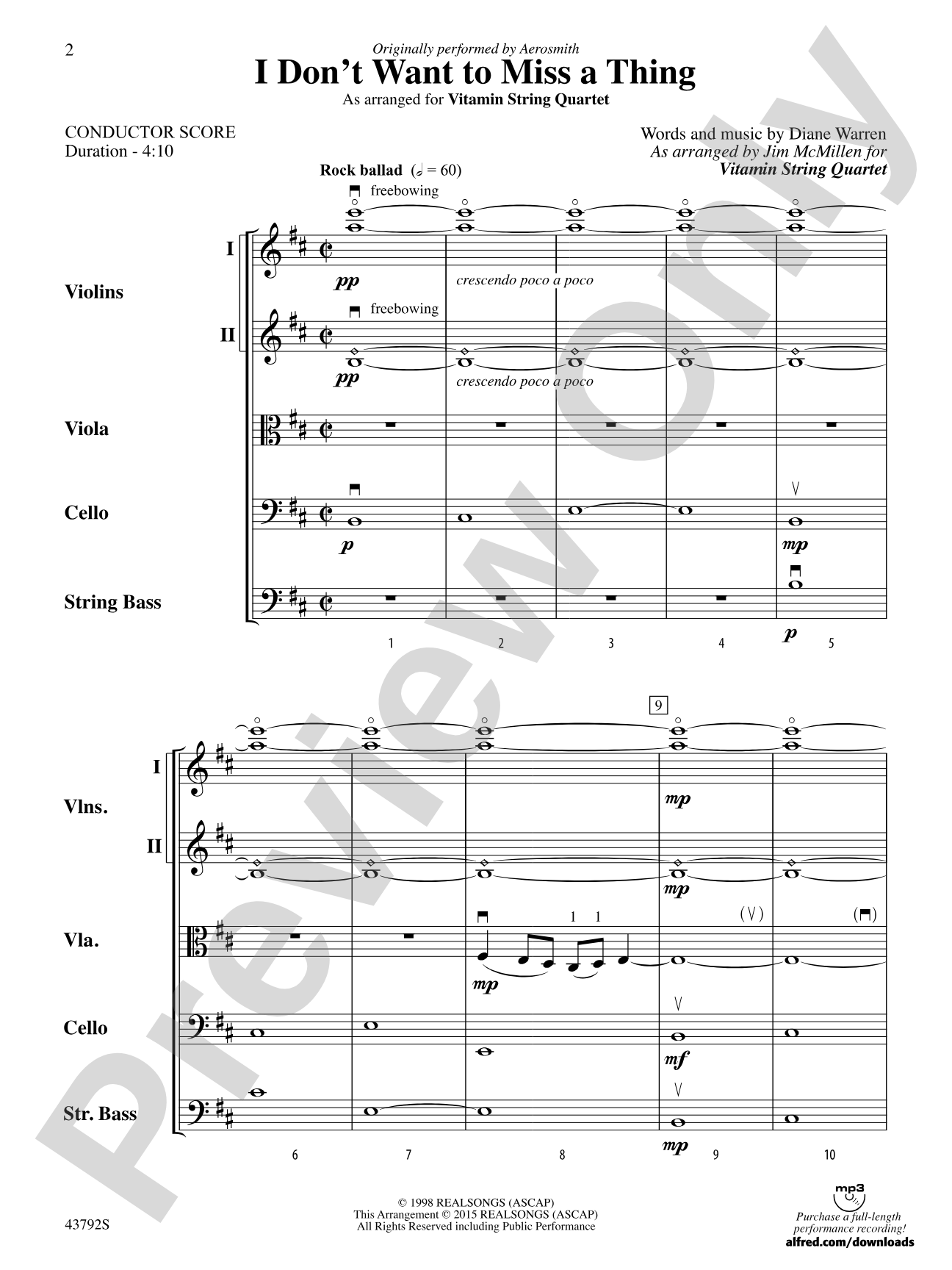 I Don't Want to Miss a Thing: String Orchestra Conductor Score & Parts