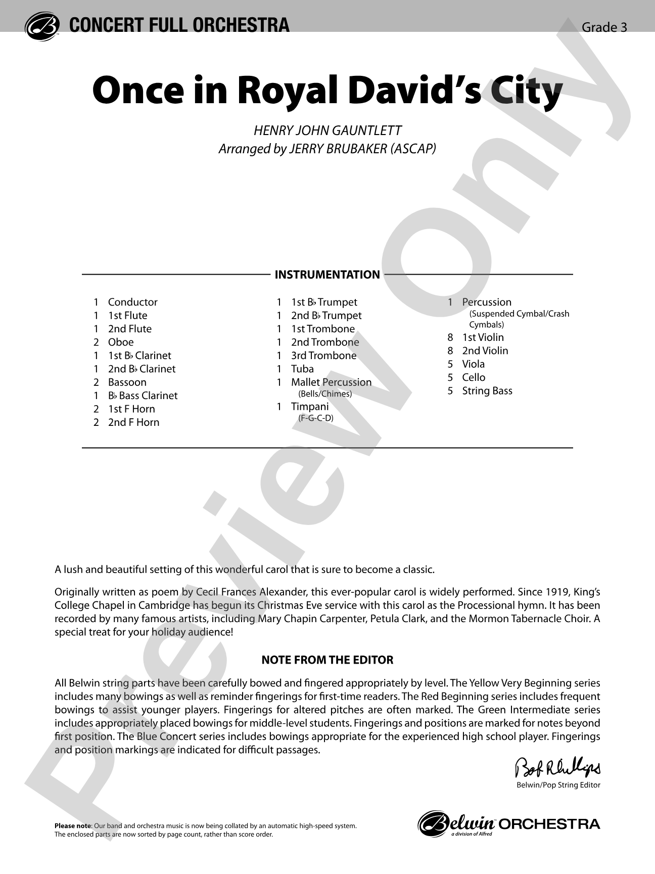 Once in Royal David's City: Full Orchestra Conductor Score & Parts