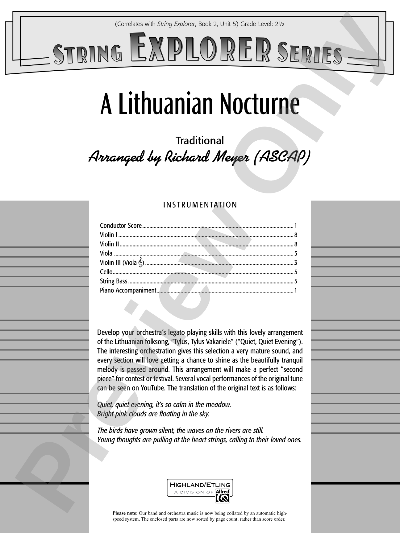 A Lithuanian Nocturne: String Orchestra Conductor Score & Parts