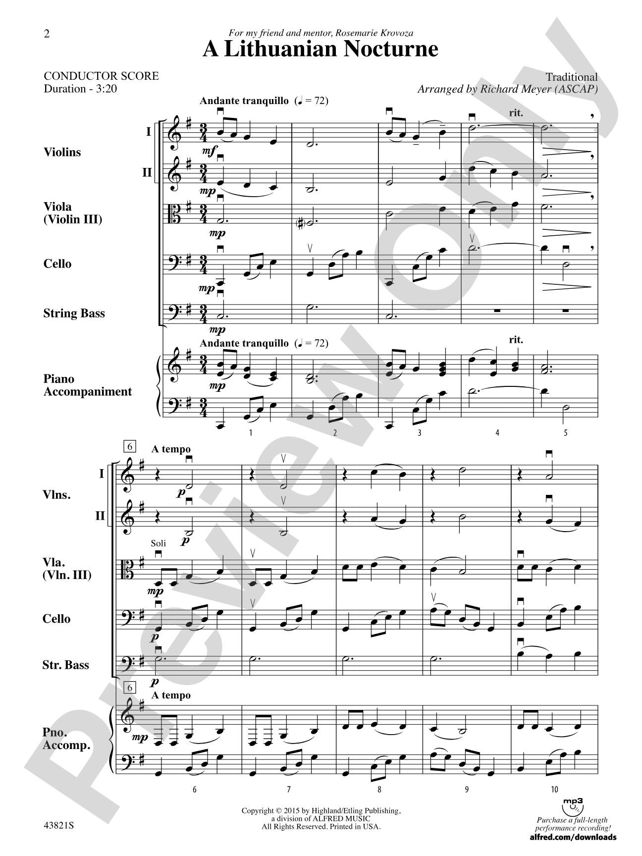 A Lithuanian Nocturne: String Orchestra Conductor Score & Parts