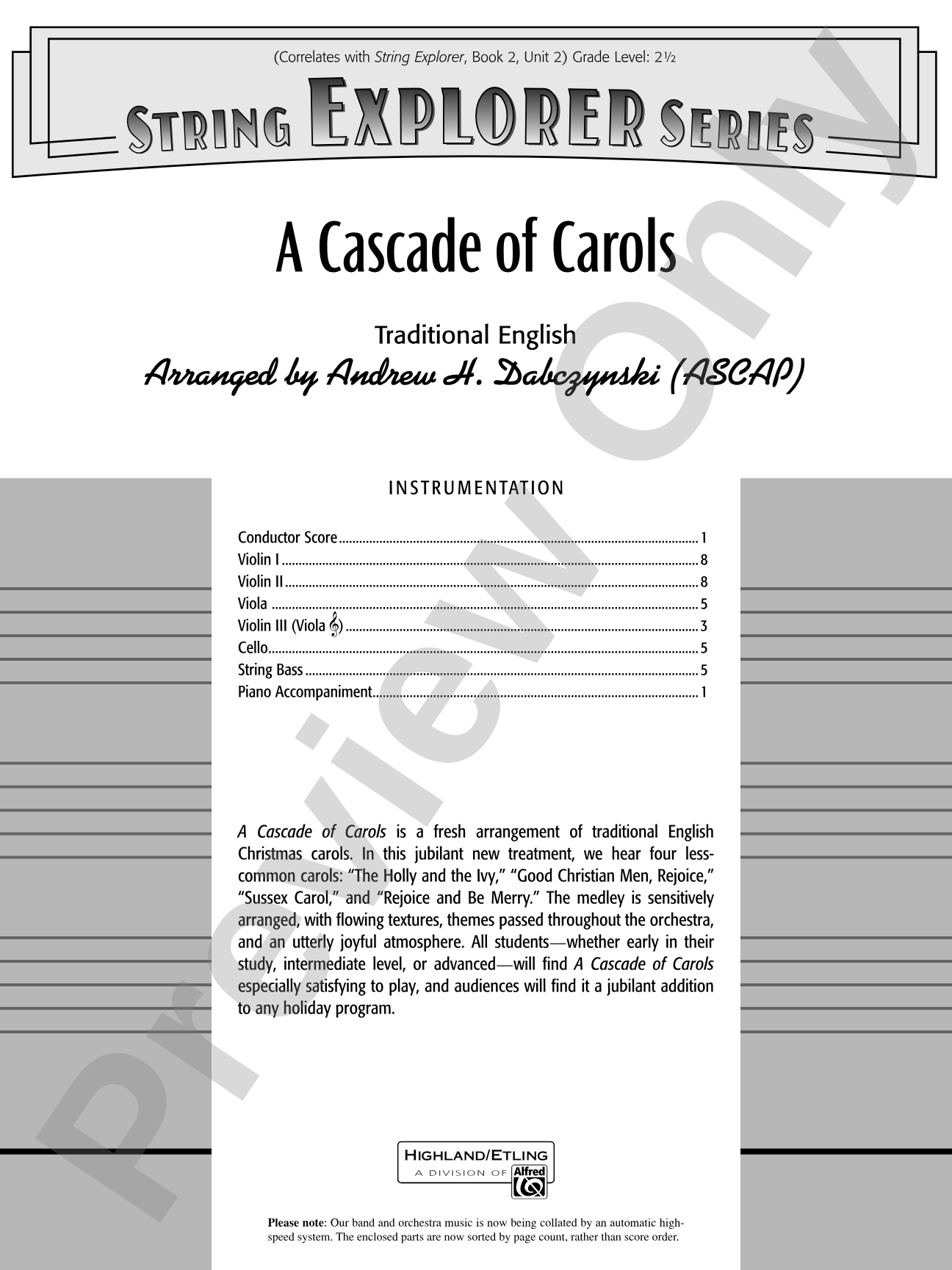 A Cascade of Carols: String Orchestra Conductor Score & Parts