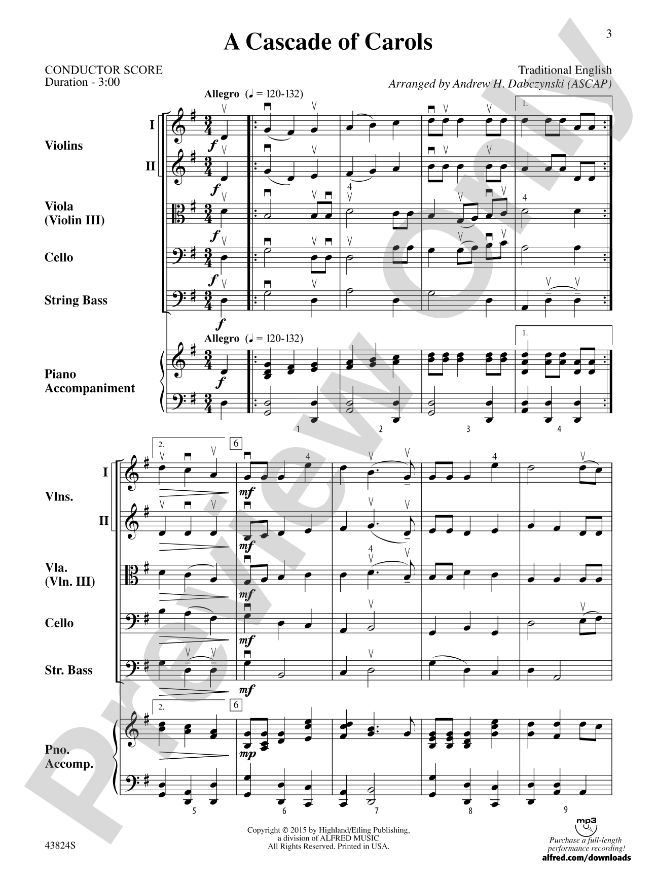 A Cascade of Carols: String Orchestra Conductor Score & Parts