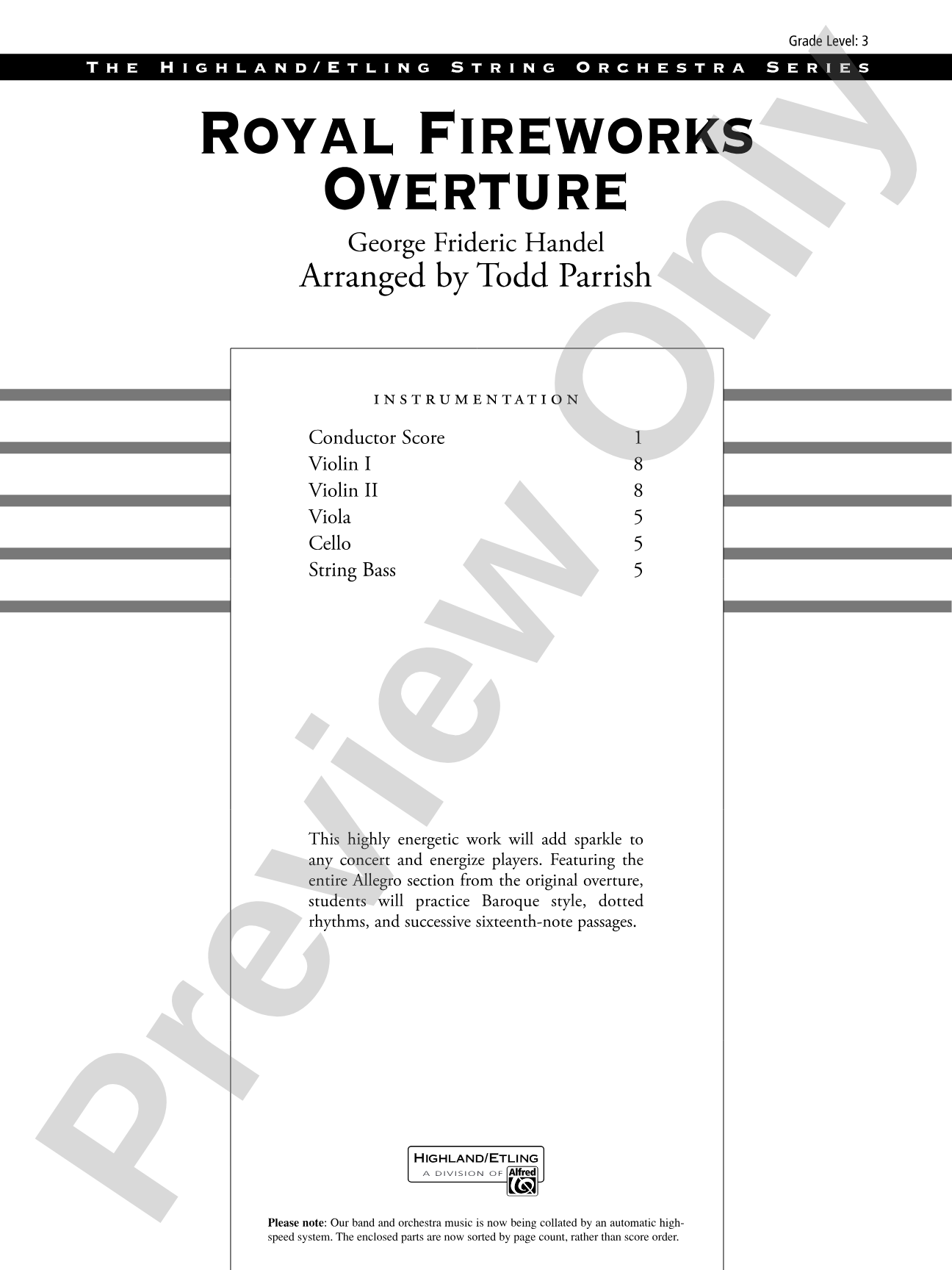 Royal Fireworks Overture: String Orchestra Conductor Score & Parts