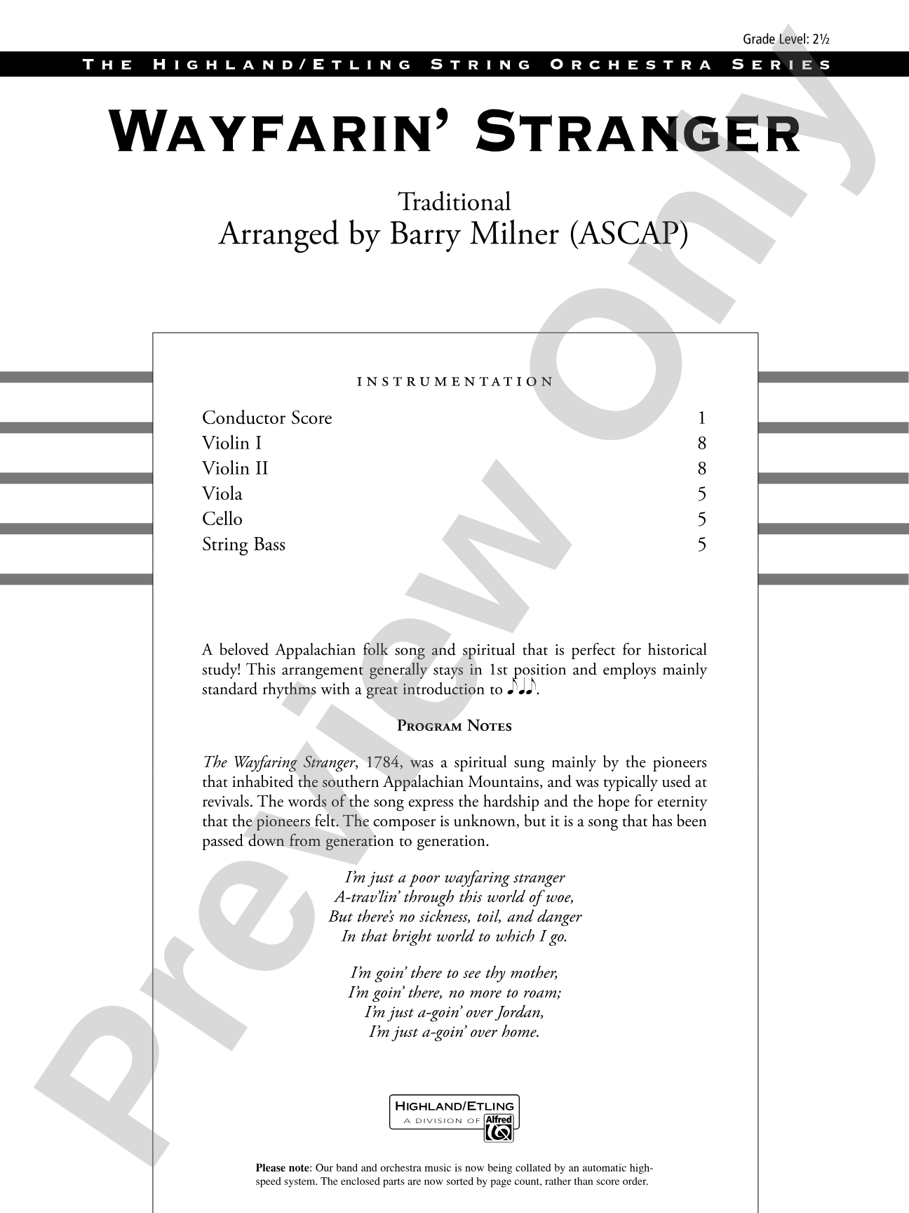 Wayfarin' Stranger: String Orchestra Conductor Score & Parts