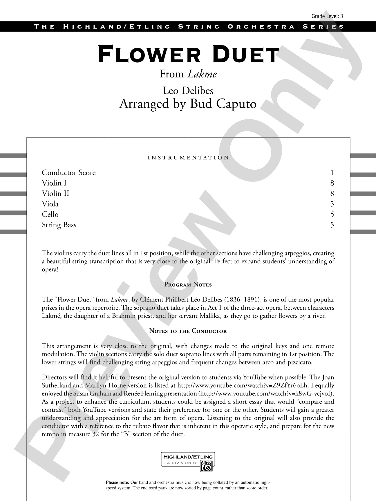 Flower Duet: String Orchestra Conductor Score & Parts