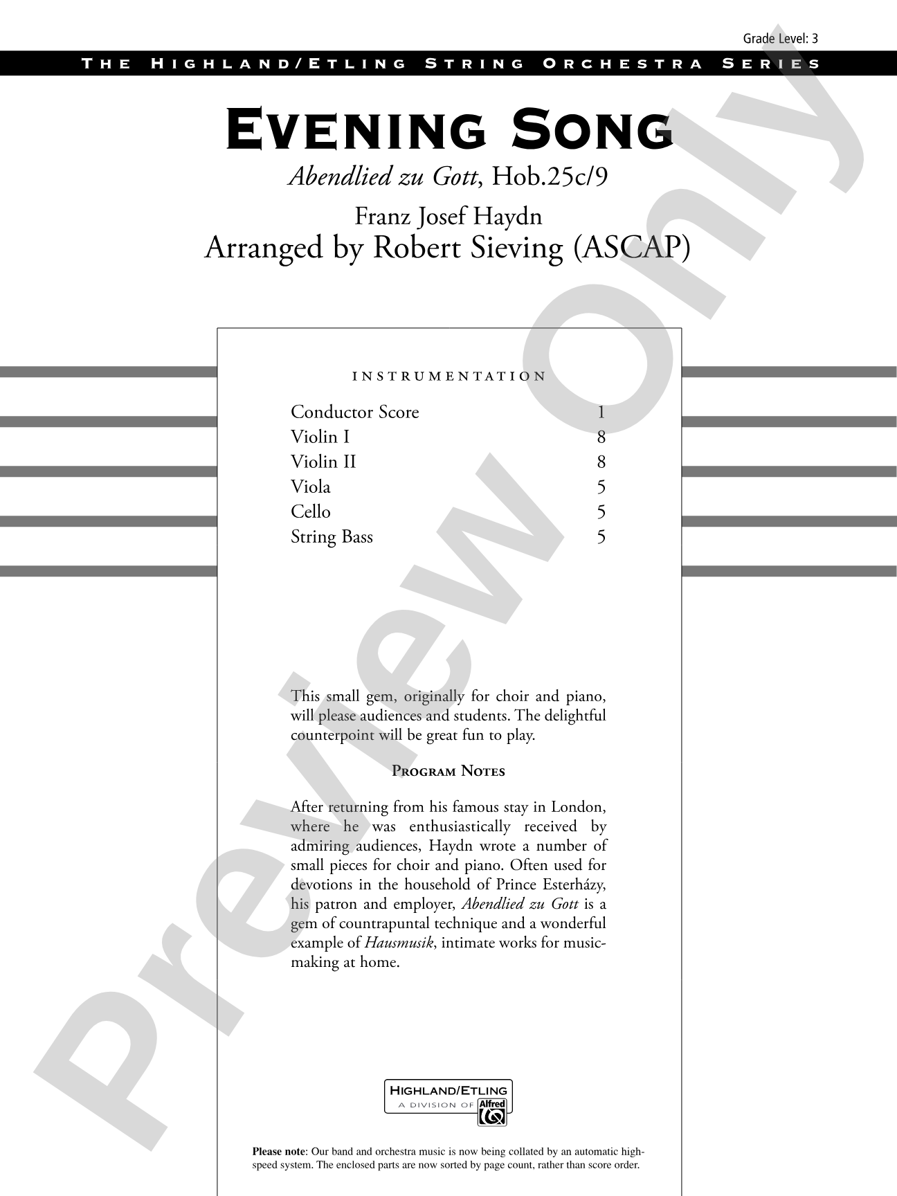 Evening Song: String Orchestra Conductor Score & Parts
