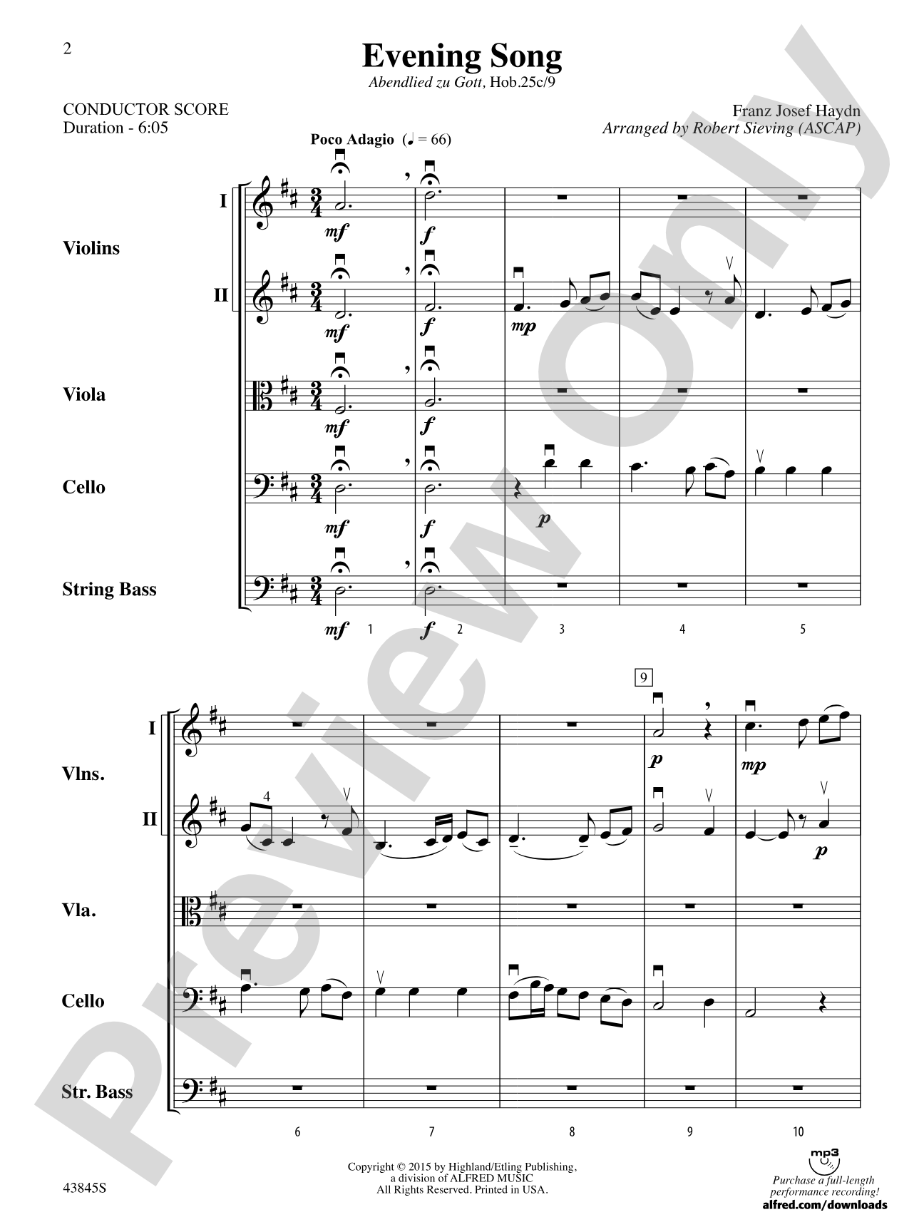 Evening Song: String Orchestra Conductor Score & Parts