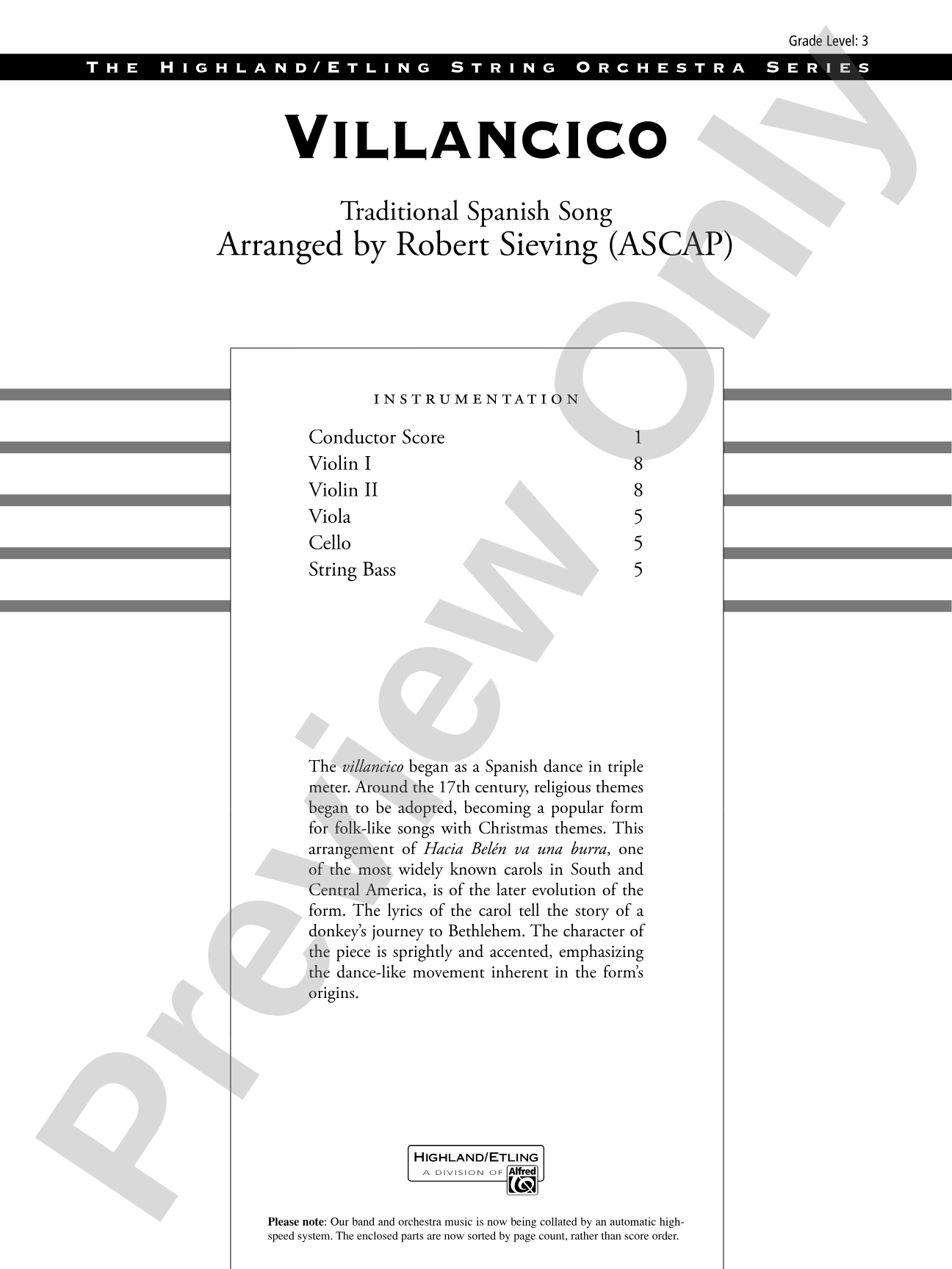 Villancico: String Orchestra Conductor Score & Parts