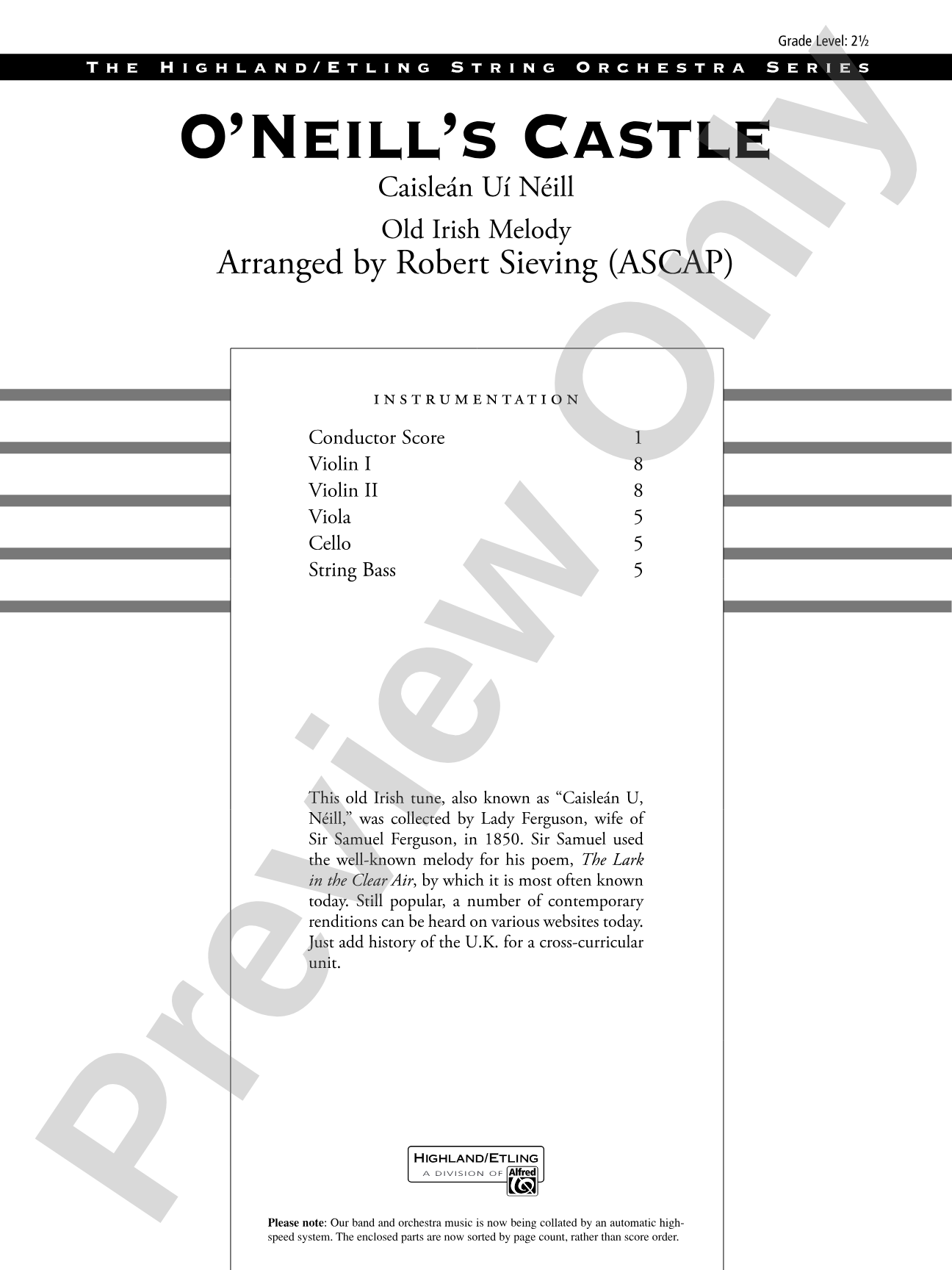 O'Neill's Castle: String Orchestra Conductor Score & Parts