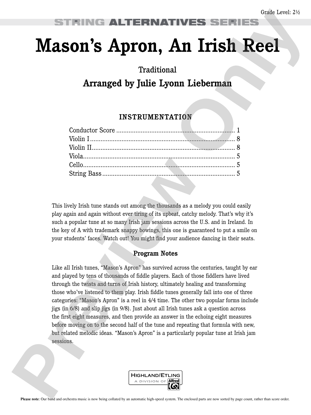 Mason's Apron, An Irish Reel: String Orchestra Conductor Score & Parts