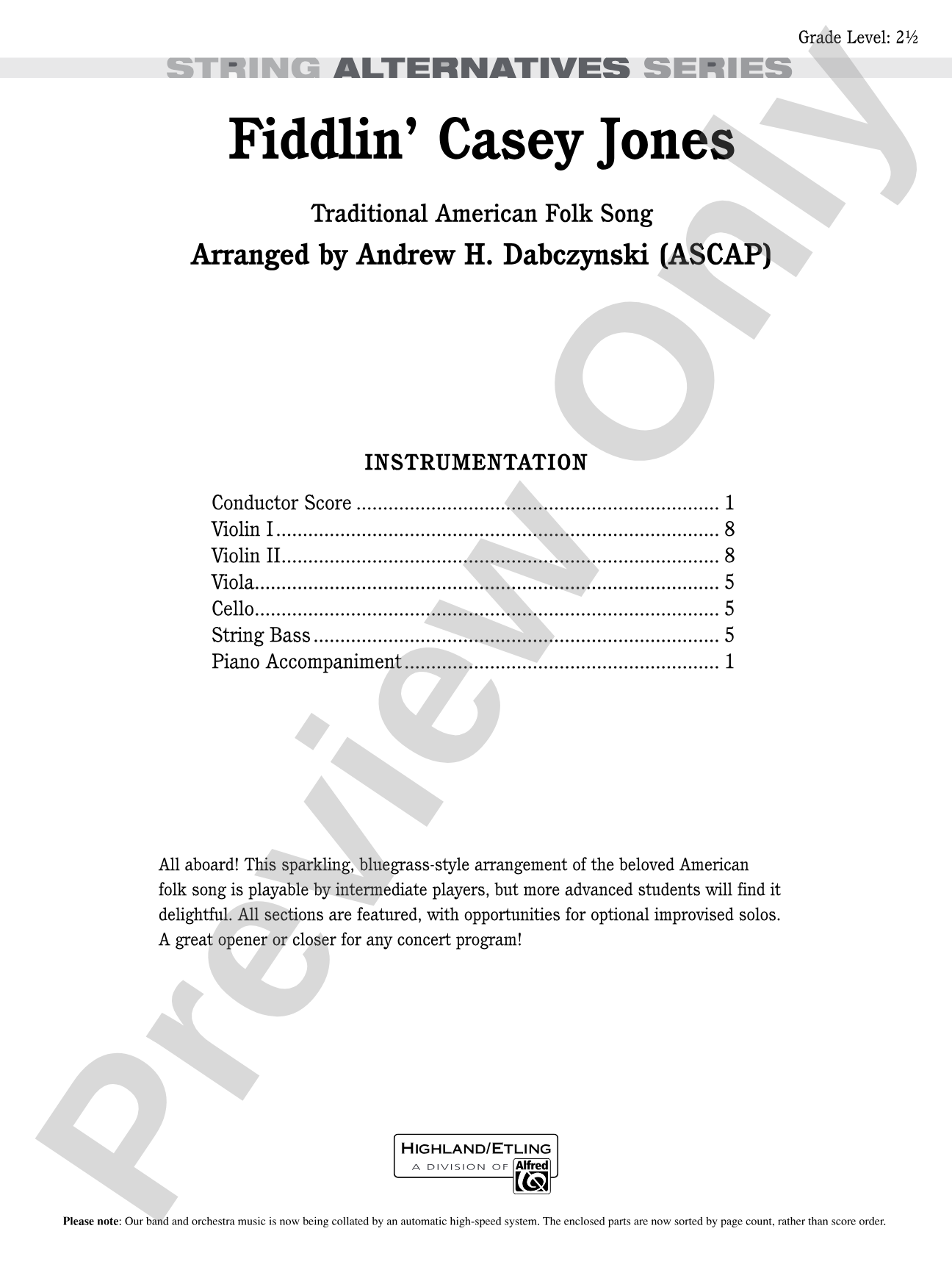 Fiddlin' Casey Jones: String Orchestra Conductor Score & Parts