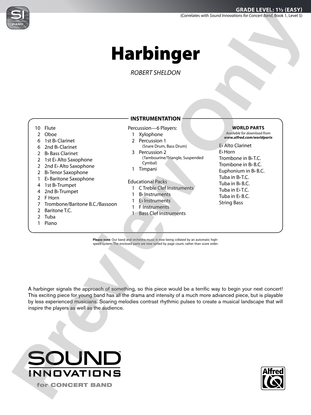 Harbinger: Concert Band Conductor Score & Parts