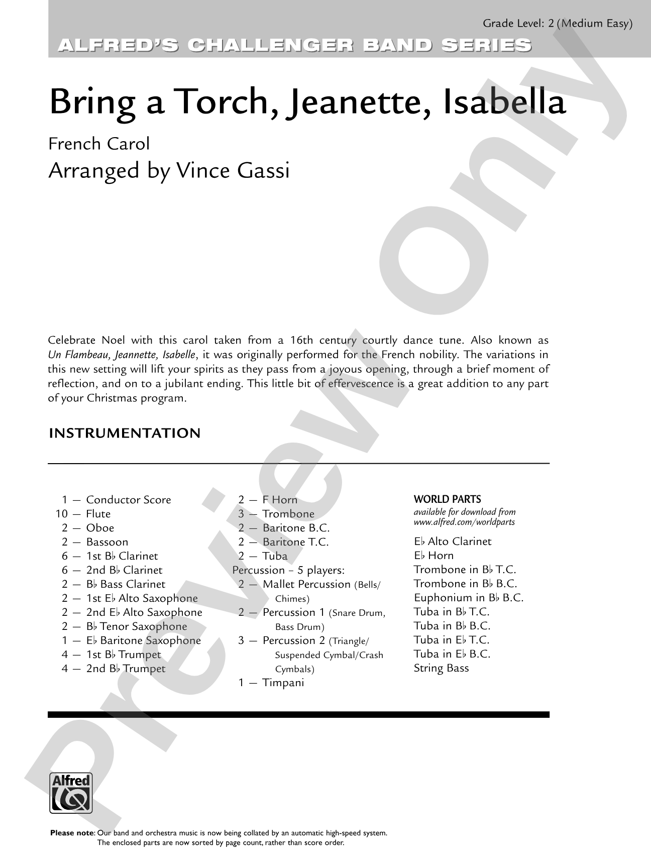 Bring a Torch, Jeanette, Isabella: Concert Band Conductor Score & Parts
