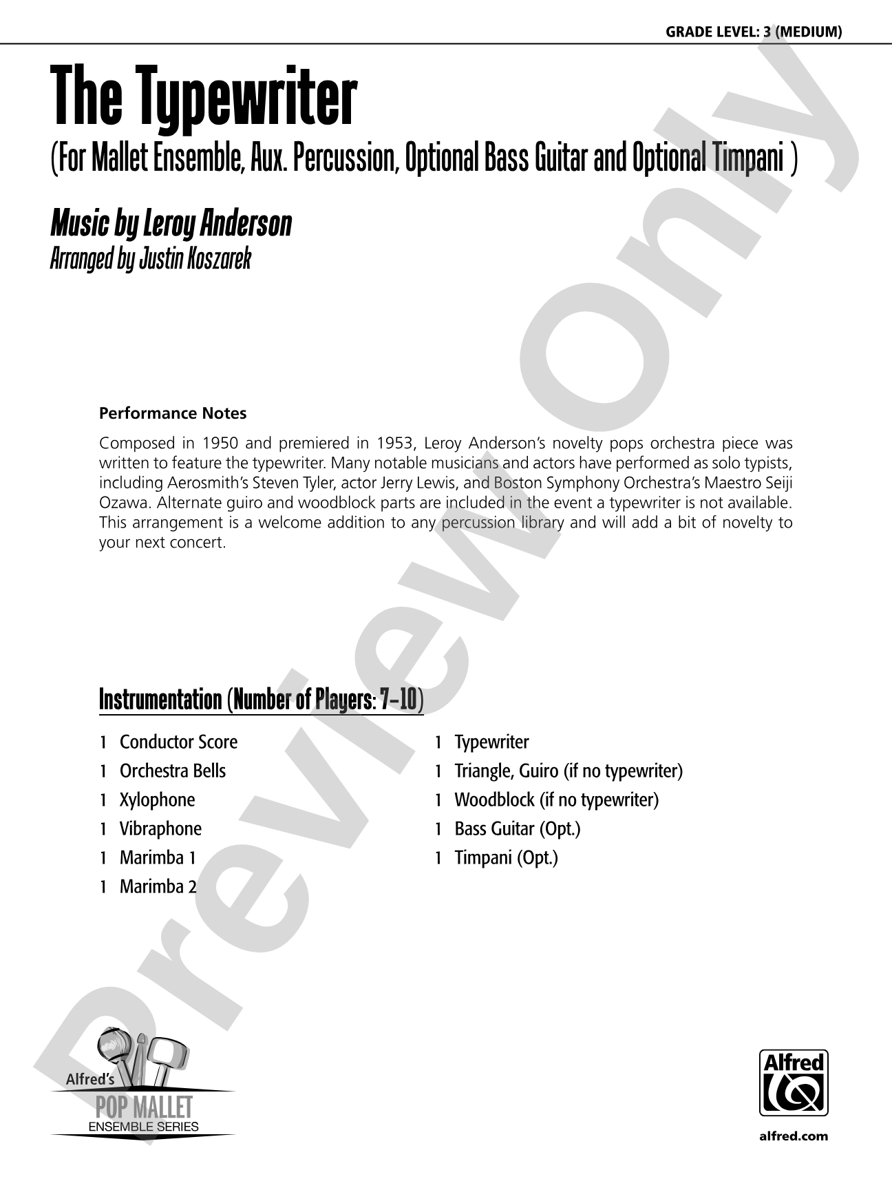 The Typewriter: Percussion Ensemble Conductor Score & Parts