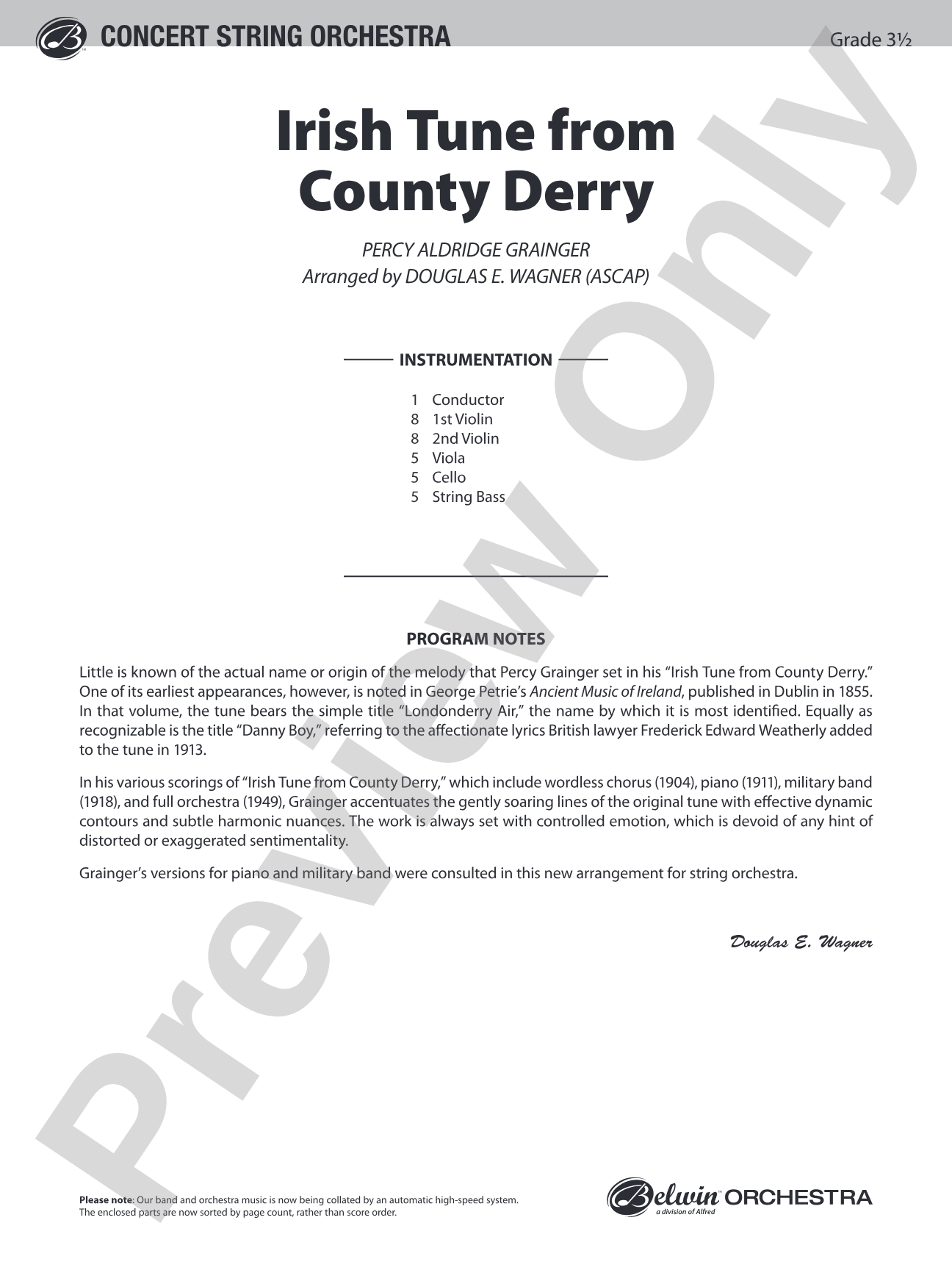 Irish Tune from County Derry: String Orchestra Conductor Score & Parts