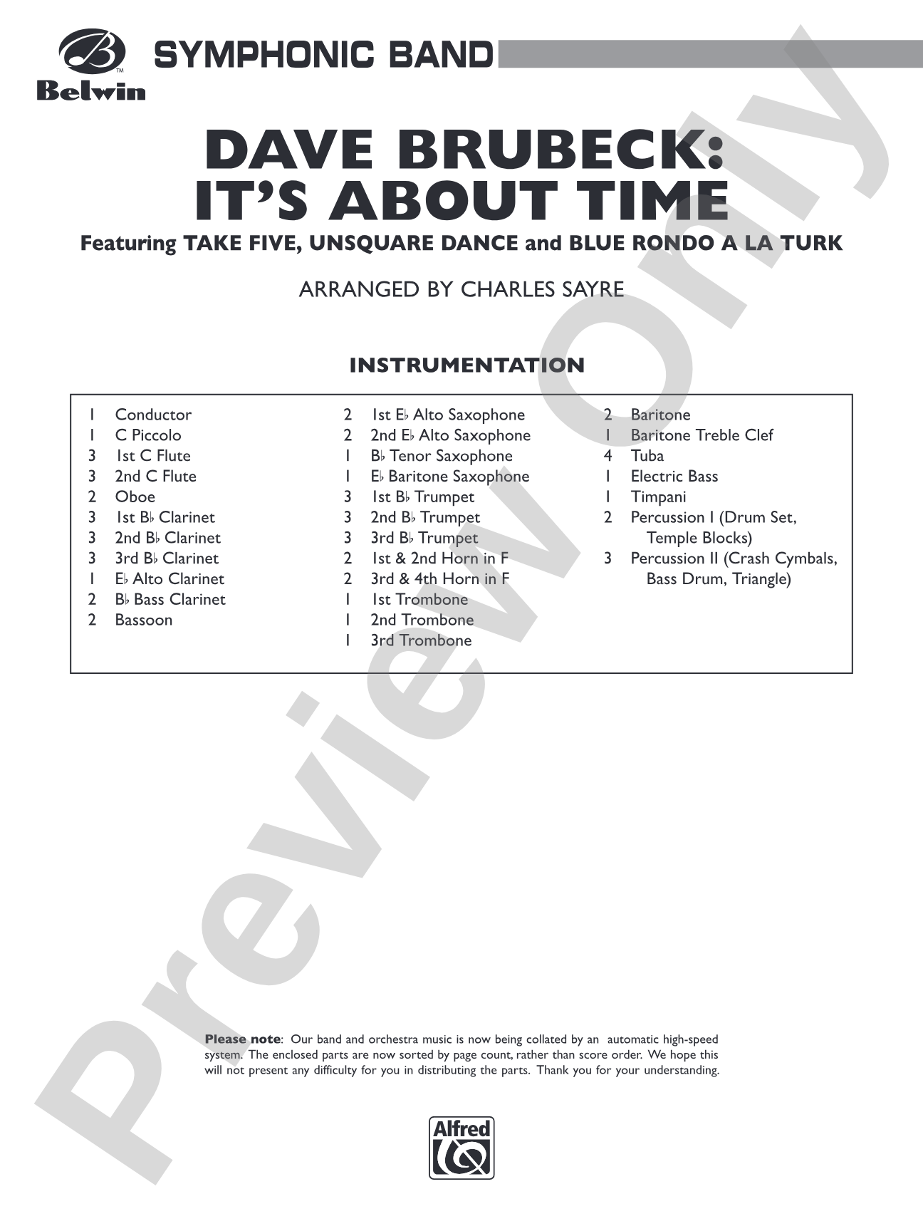 Dave Brubeck: It's About Time: Concert Band Conductor Score & Parts