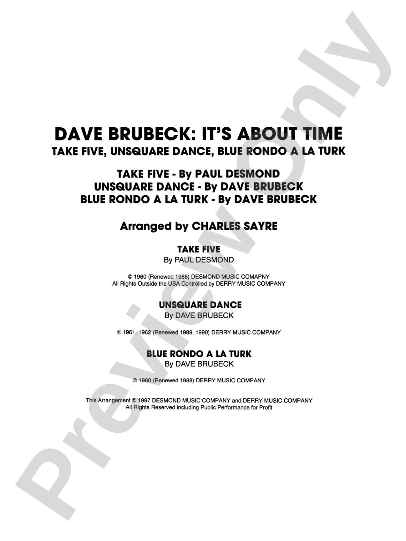 Dave Brubeck: It's About Time: Concert Band Conductor Score & Parts