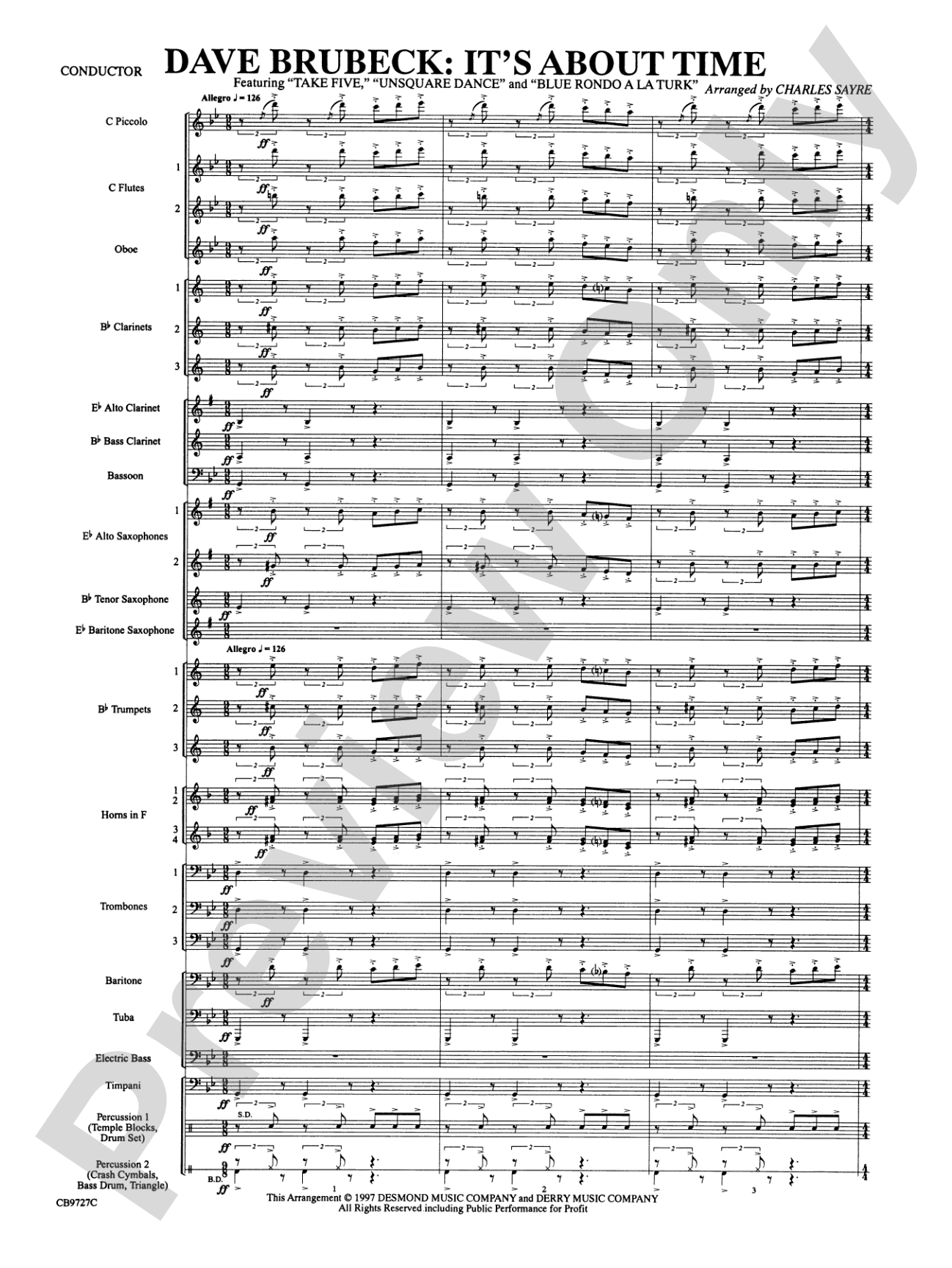 Dave Brubeck: It's About Time: Concert Band Conductor Score & Parts