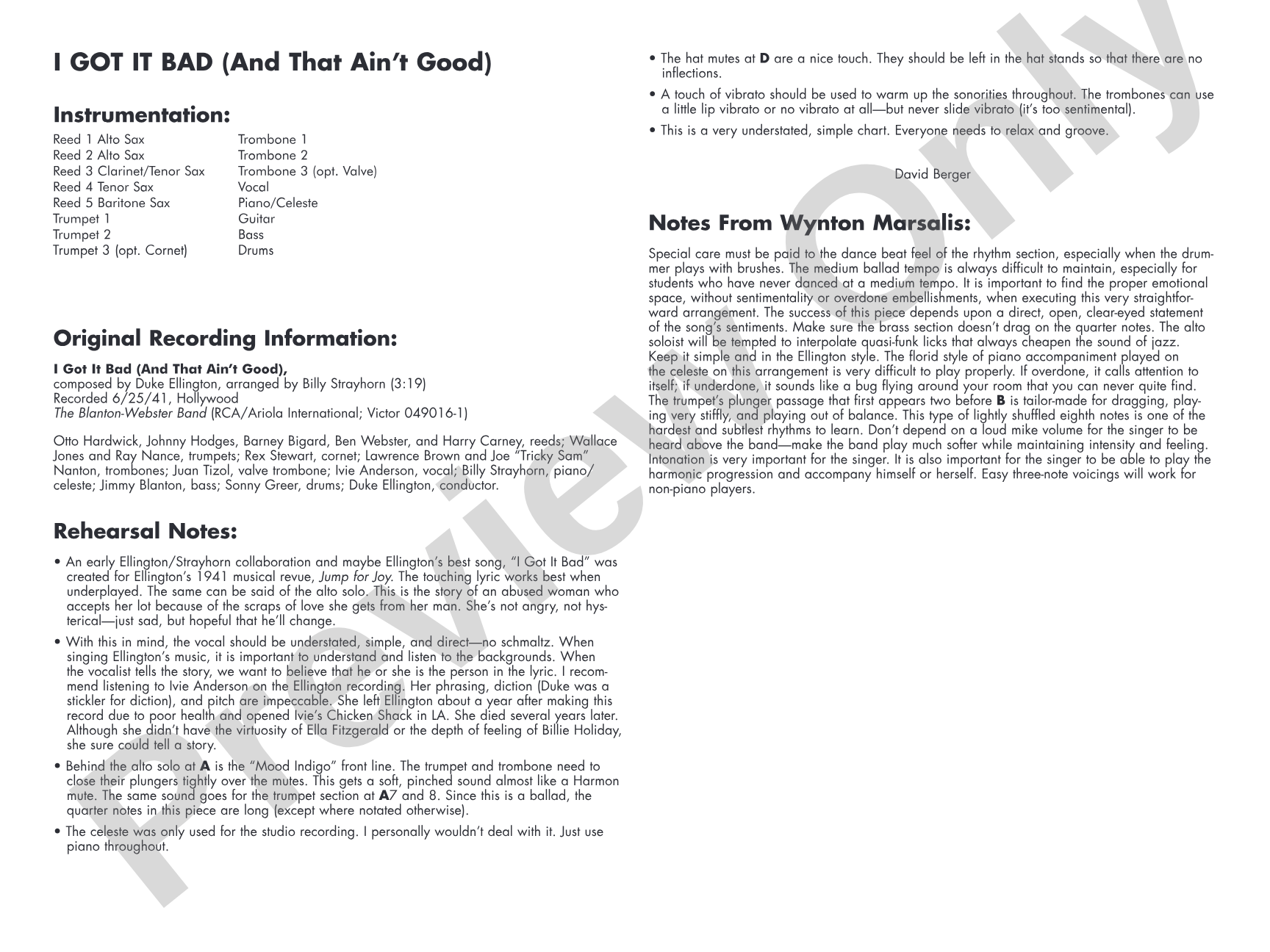 I Got It Bad: Jazz Ensemble Conductor Score & Parts