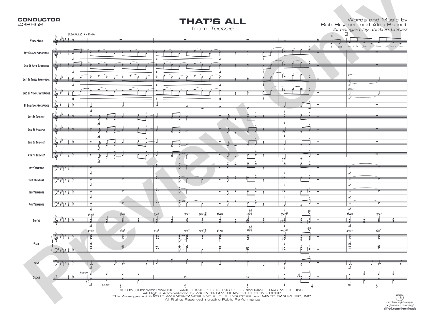 That's All: Vocal Solo with Jazz Ensemble Conductor Score & Parts