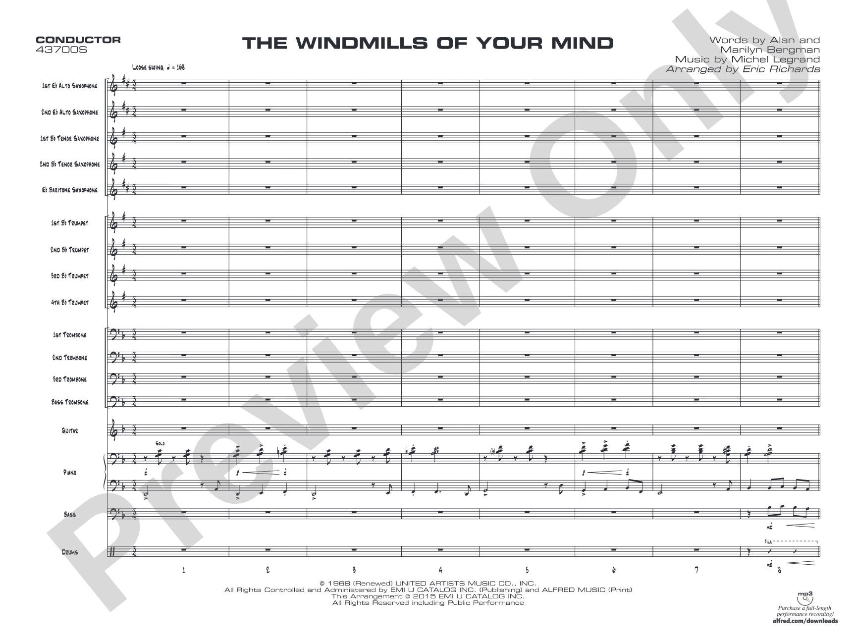 The Windmills of Your Mind: Jazz Ensemble Conductor Score & Parts
