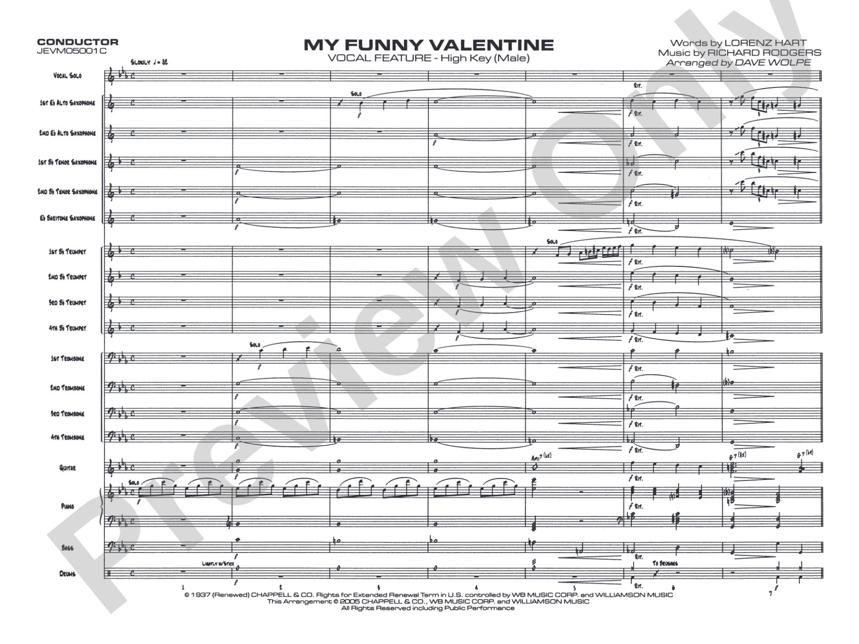My Funny Valentine: Vocal Solo with Jazz Ensemble Conductor Score & Parts