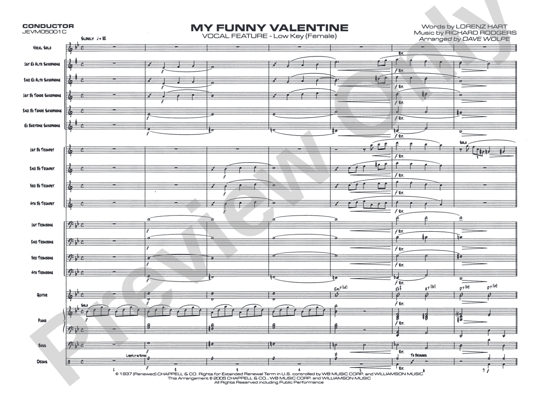 My Funny Valentine: Vocal Solo with Jazz Ensemble Conductor Score & Parts