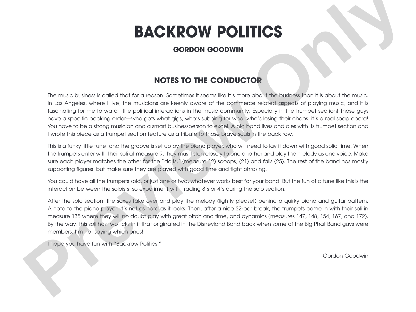 Backrow Politics: Jazz Ensemble Conductor Score & Parts