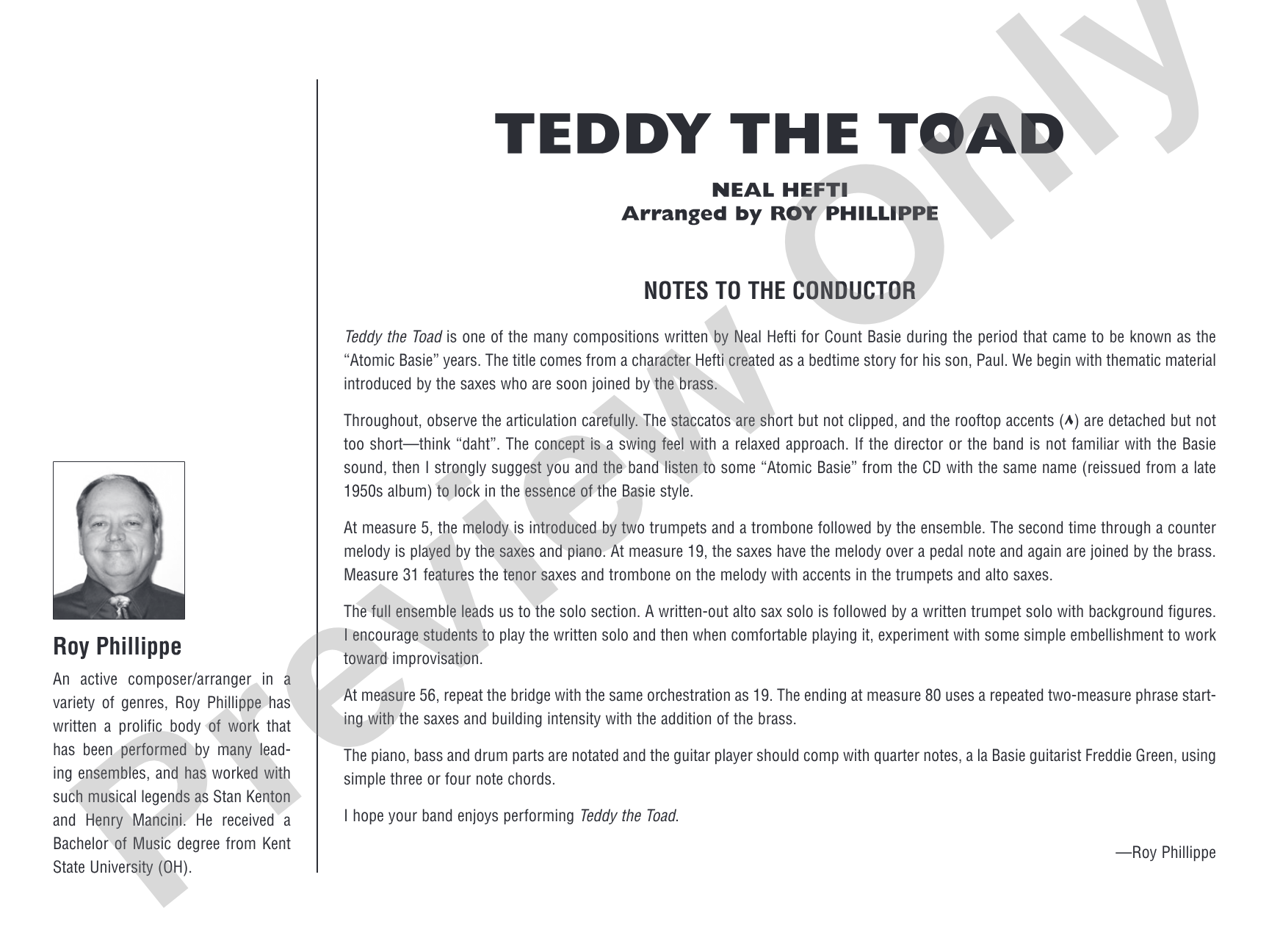 Teddy the Toad: Jazz Ensemble Conductor Score & Parts