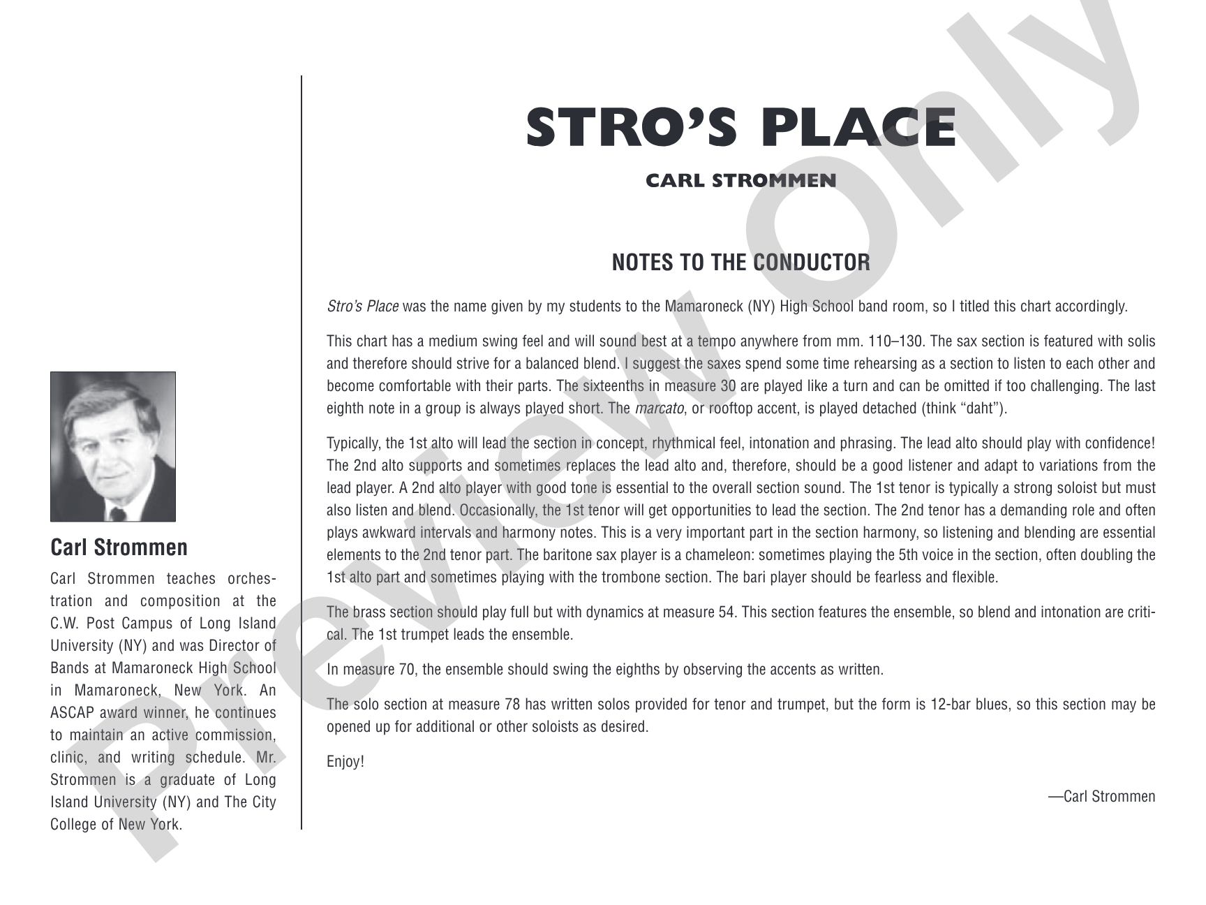 Stro's Place: Jazz Ensemble Conductor Score & Parts