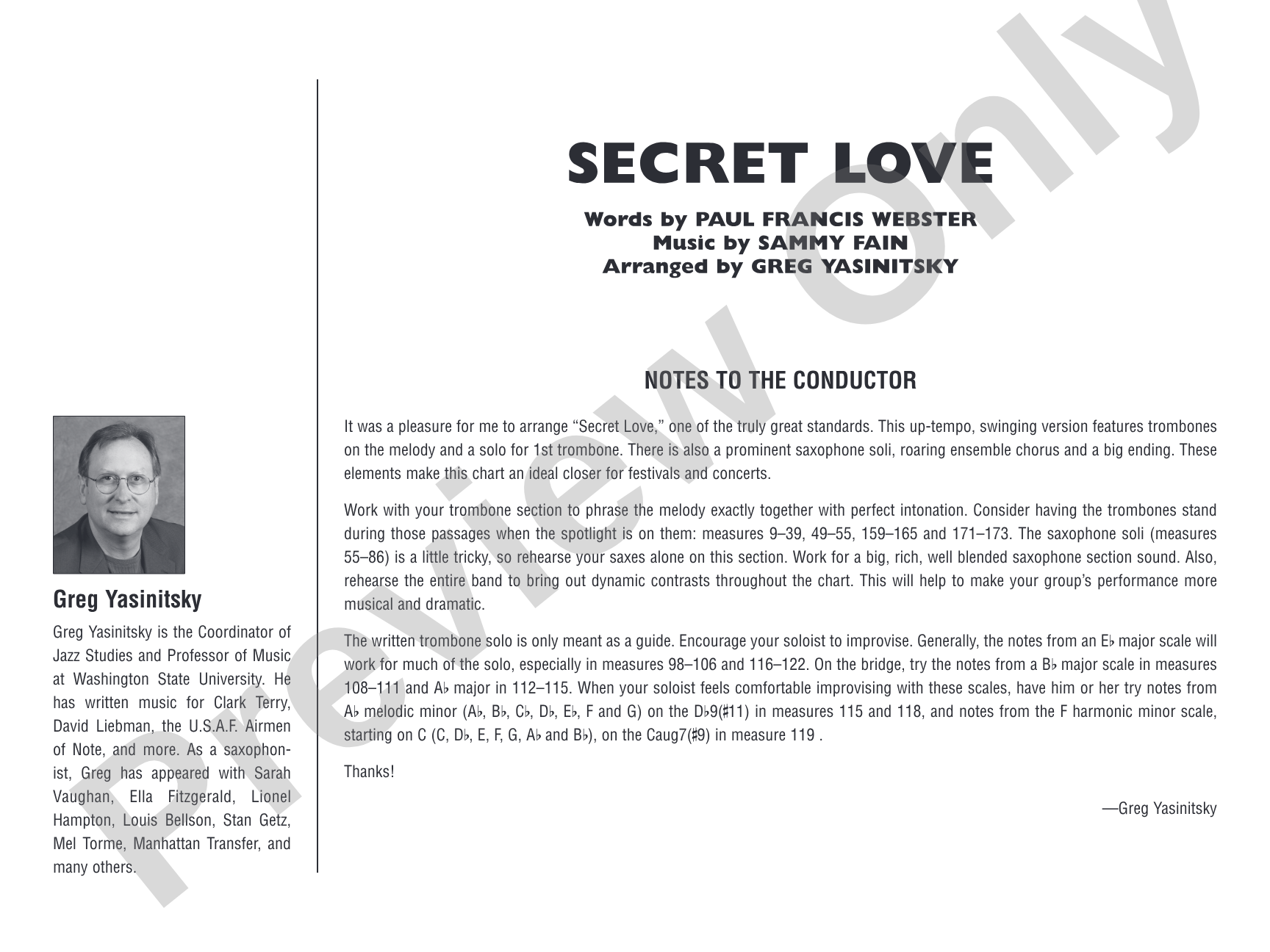 Secret Love: Jazz Ensemble Conductor Score & Parts