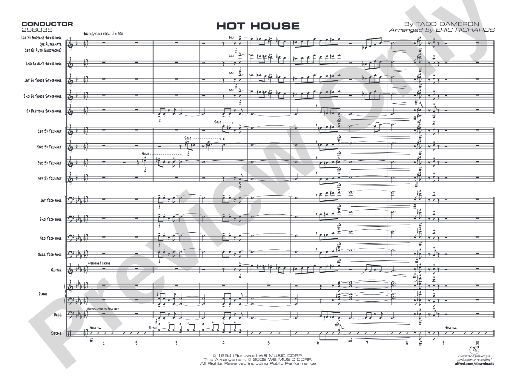 Hot House: Jazz Ensemble Conductor Score & Parts